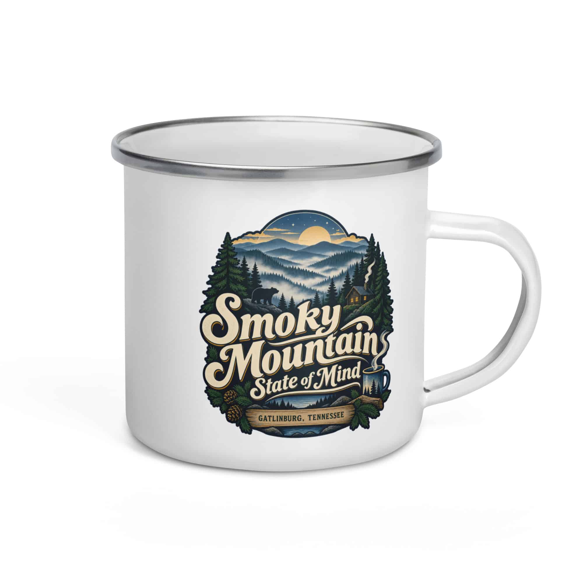 Gatlinburg and the Smokies Enamel Camp Mug: Smoky Mountain State of Mind, Woodland Scenic Lettering