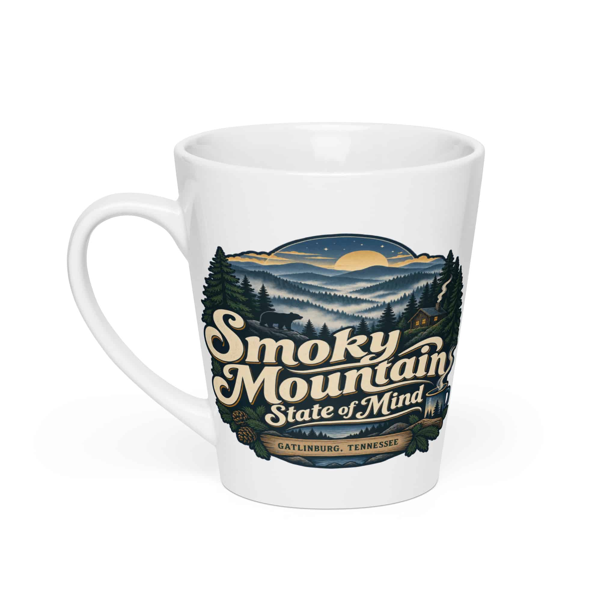 Gatlinburg and the Smokies Latte Mug: Smoky Mountain State of Mind, Woodland Scenic Lettering