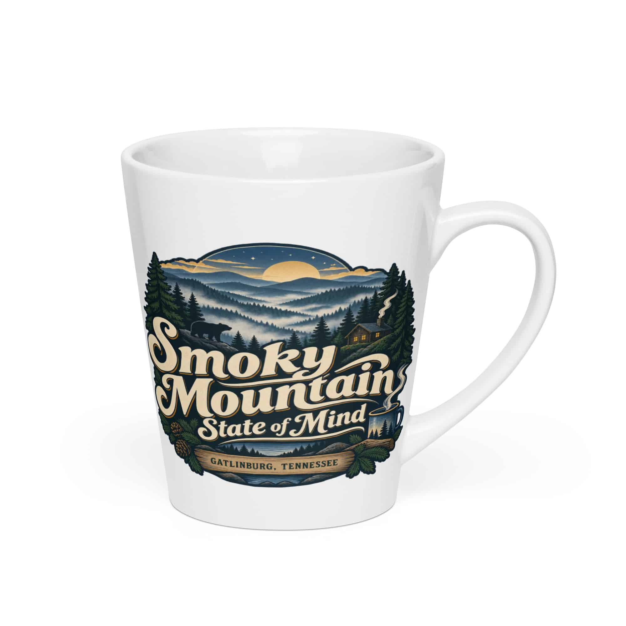 Gatlinburg and the Smokies Latte Mug: Smoky Mountain State of Mind, Woodland Scenic Lettering