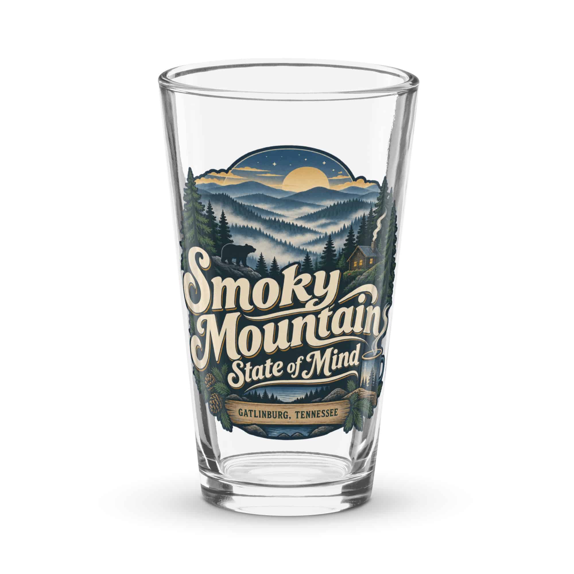 Gatlinburg and the Smokies Pint Glass: Smoky Mountain State of Mind, Woodland Scenic Lettering