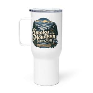 Gatlinburg and the Smokies Travel Mug: Smoky Mountain State of Mind, Woodland Scenic Lettering - 25 oz - Main