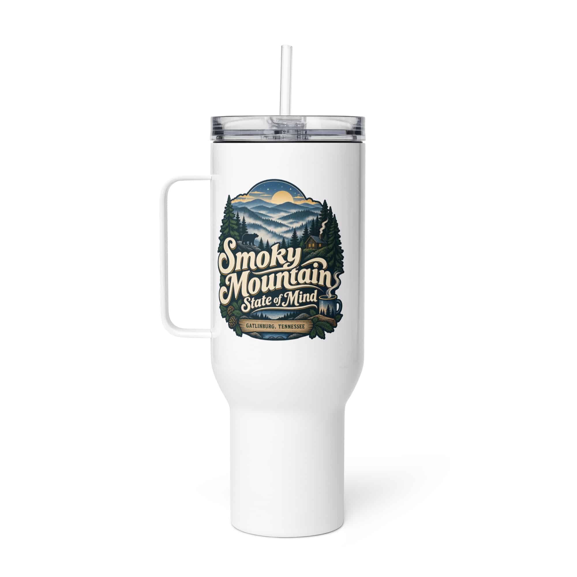 Gatlinburg and the Smokies Travel Mug: Smoky Mountain State of Mind, Woodland Scenic Lettering