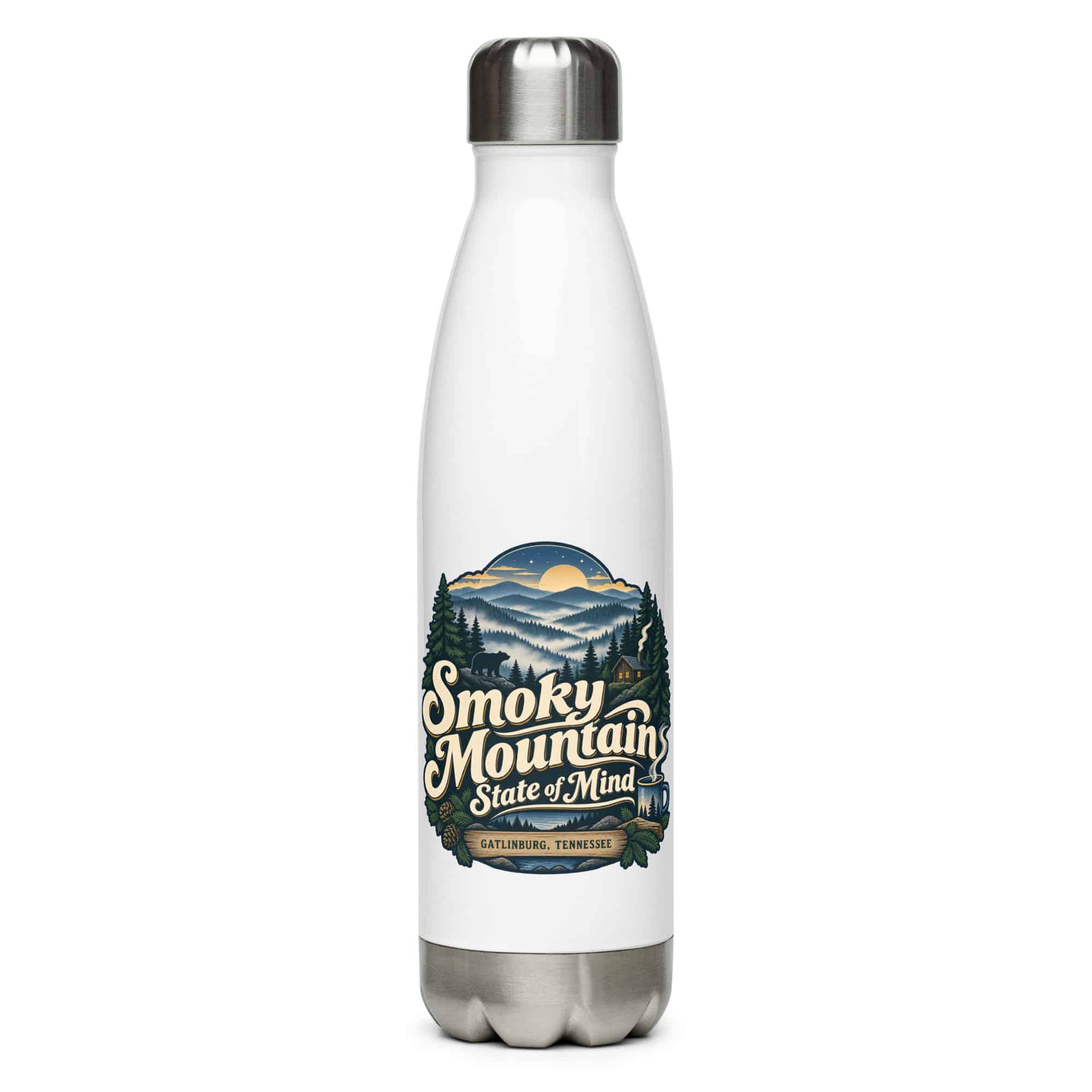 Gatlinburg and the Smokies Stainless Steel Water Bottle: Smoky Mountain State of Mind, Woodland Scenic Lettering