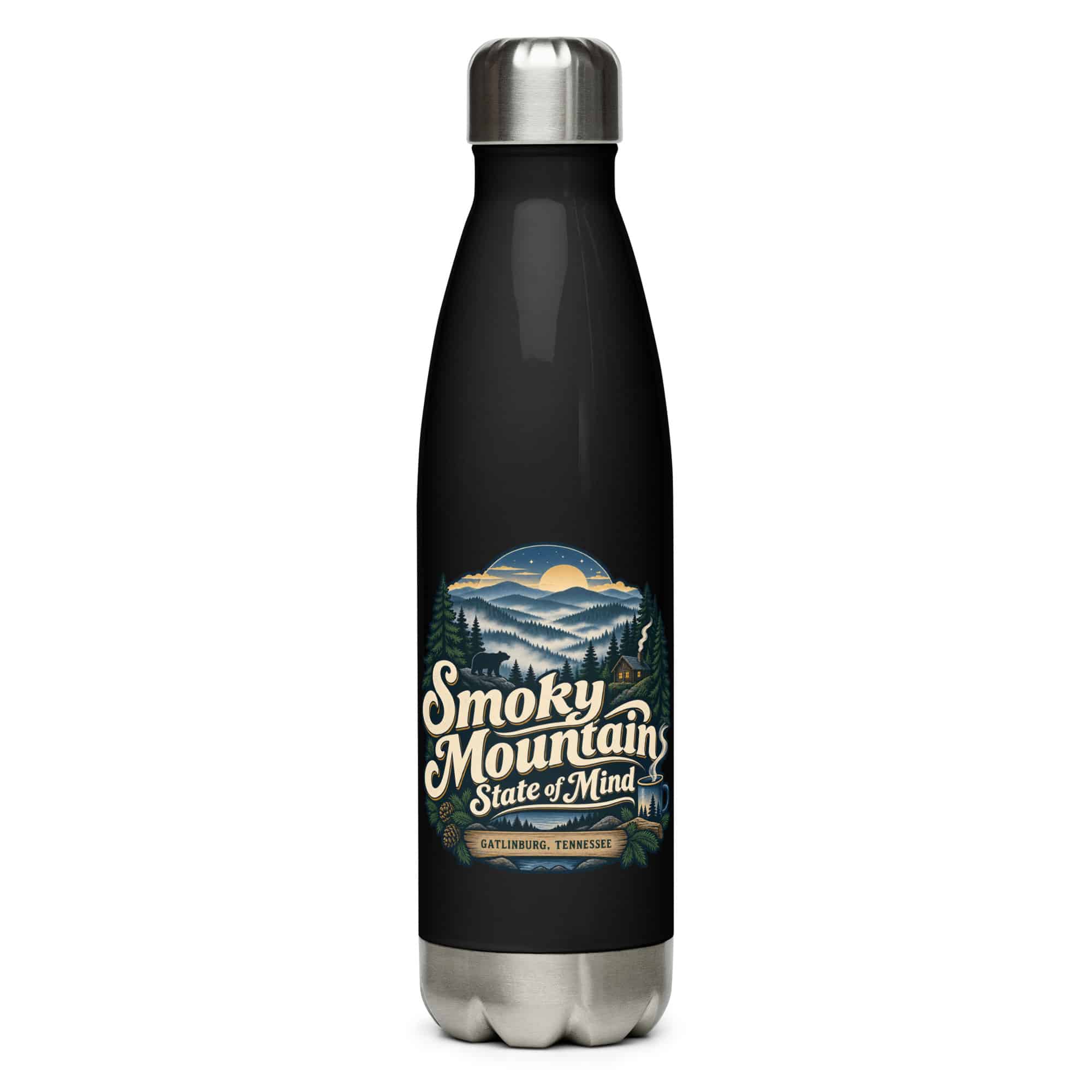 Gatlinburg and the Smokies Stainless Steel Water Bottle: Smoky Mountain State of Mind, Woodland Scenic Lettering