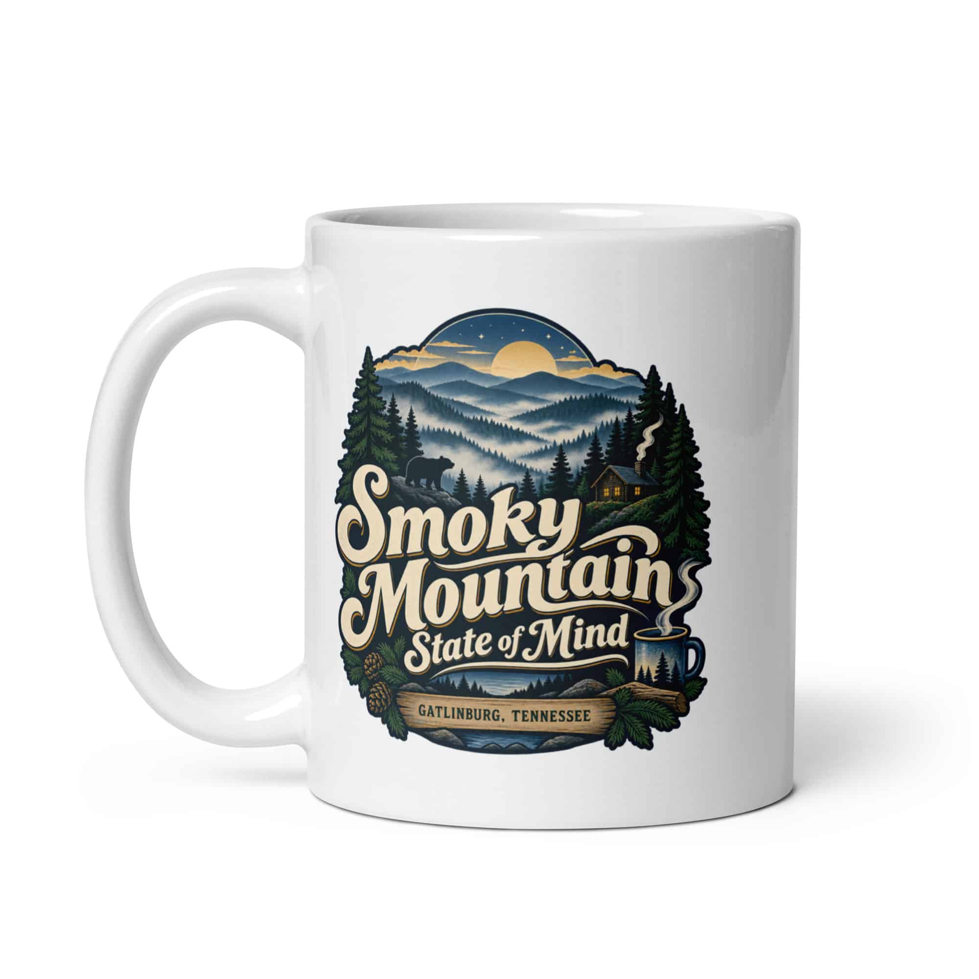 Gatlinburg and the Smokies White Ceramic Coffee Mug: Smoky Mountain State of Mind, Woodland Scenic Lettering