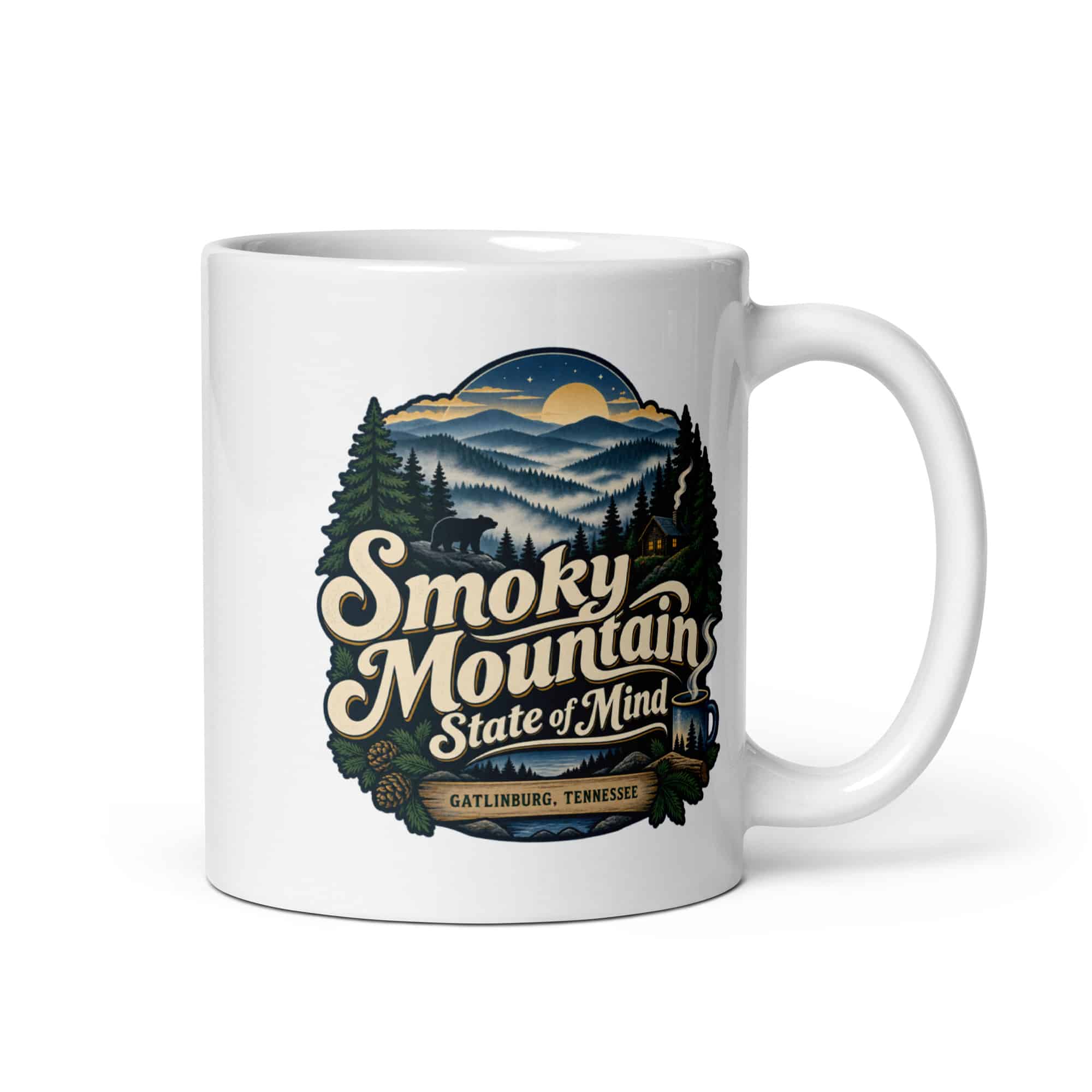 Gatlinburg and the Smokies White Ceramic Coffee Mug: Smoky Mountain State of Mind, Woodland Scenic Lettering