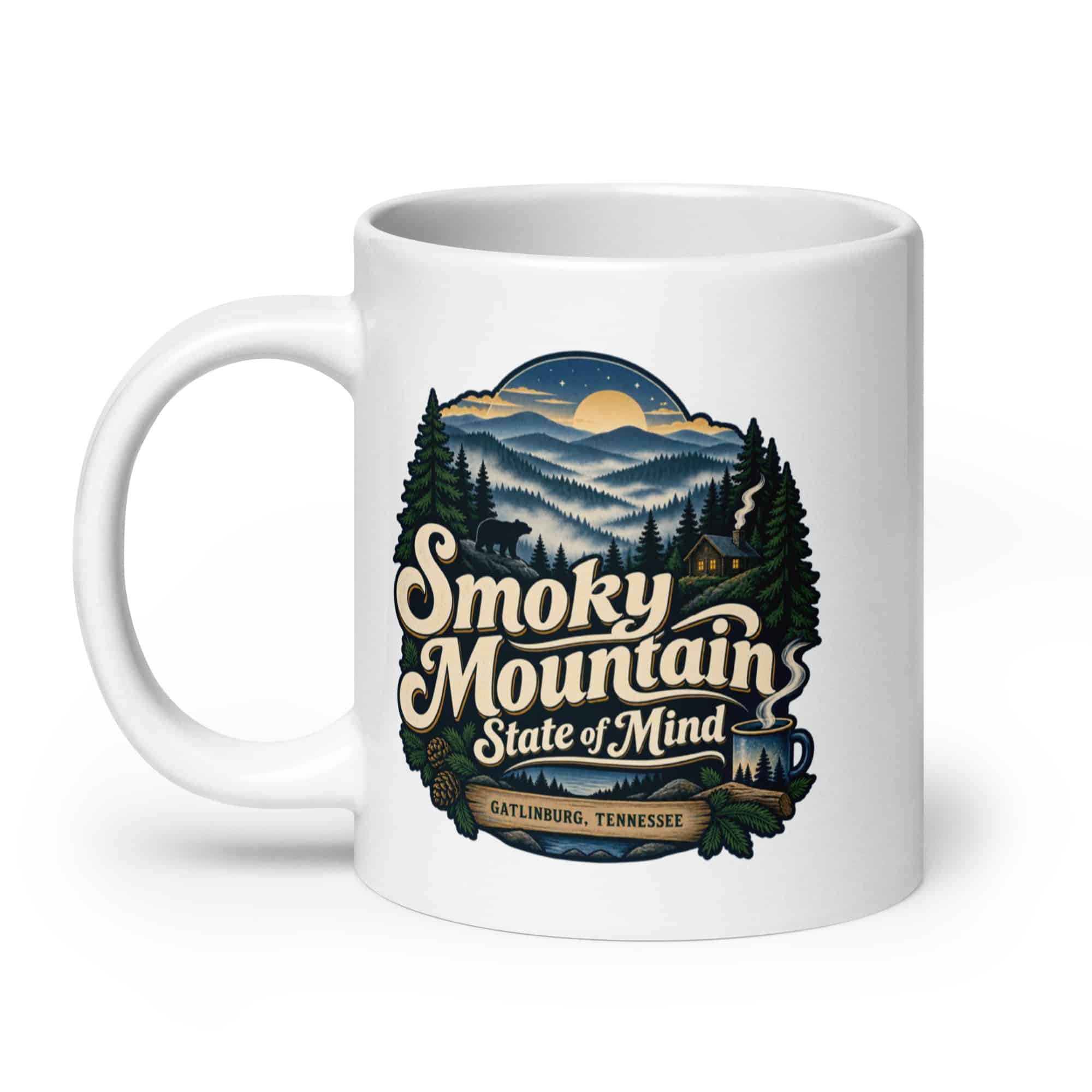 Gatlinburg and the Smokies White Ceramic Coffee Mug: Smoky Mountain State of Mind, Woodland Scenic Lettering