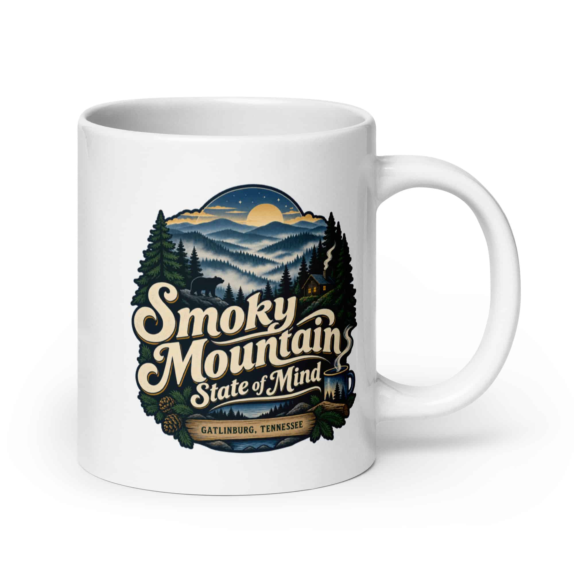 Gatlinburg and the Smokies White Ceramic Coffee Mug: Smoky Mountain State of Mind, Woodland Scenic Lettering