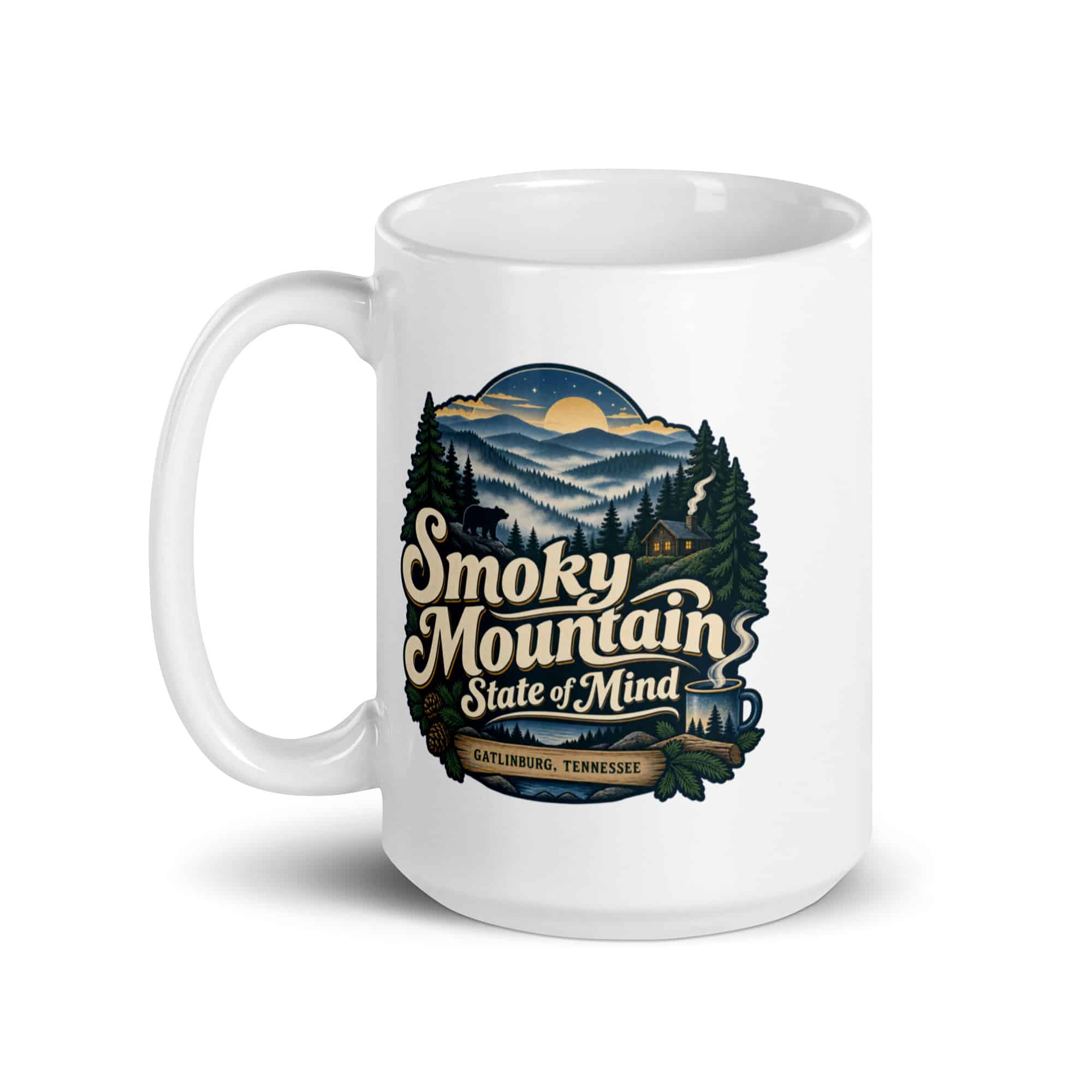 Gatlinburg and the Smokies White Ceramic Coffee Mug: Smoky Mountain State of Mind, Woodland Scenic Lettering