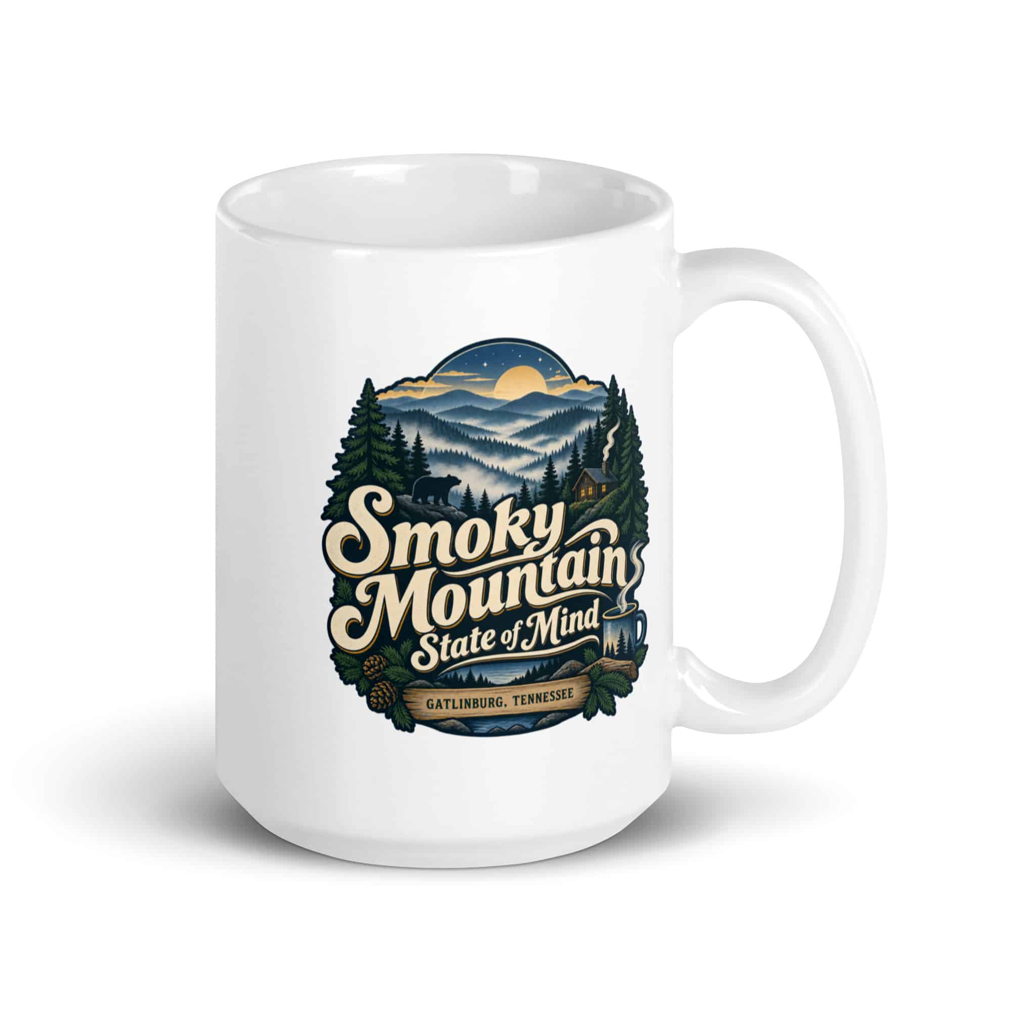 Gatlinburg and the Smokies White Ceramic Coffee Mug: Smoky Mountain State of Mind, Woodland Scenic Lettering