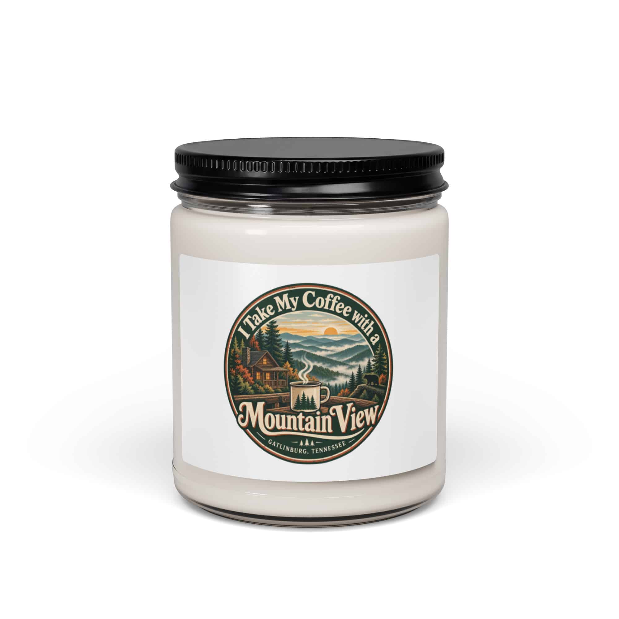 Gatlinburg and the Smokies Soy Wax Candle: I Take My Coffee with a Mountain View, Vintage Round Badge
