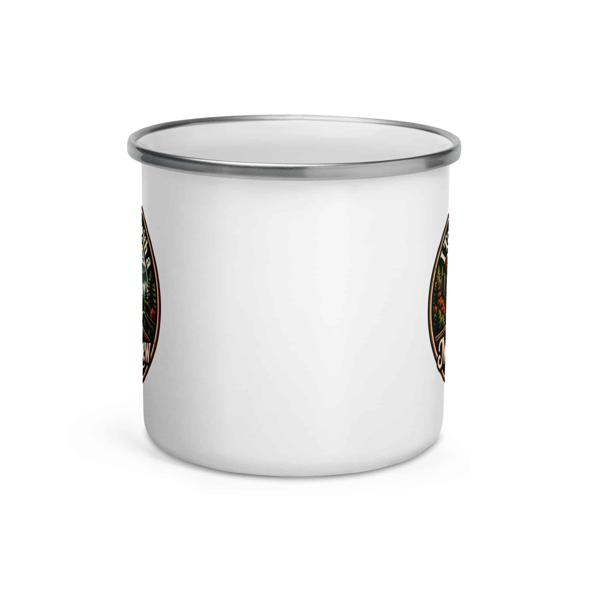 Gatlinburg and the Smokies Enamel Camp Mug: I Take My Coffee with a Mountain View, Vintage Round Badge