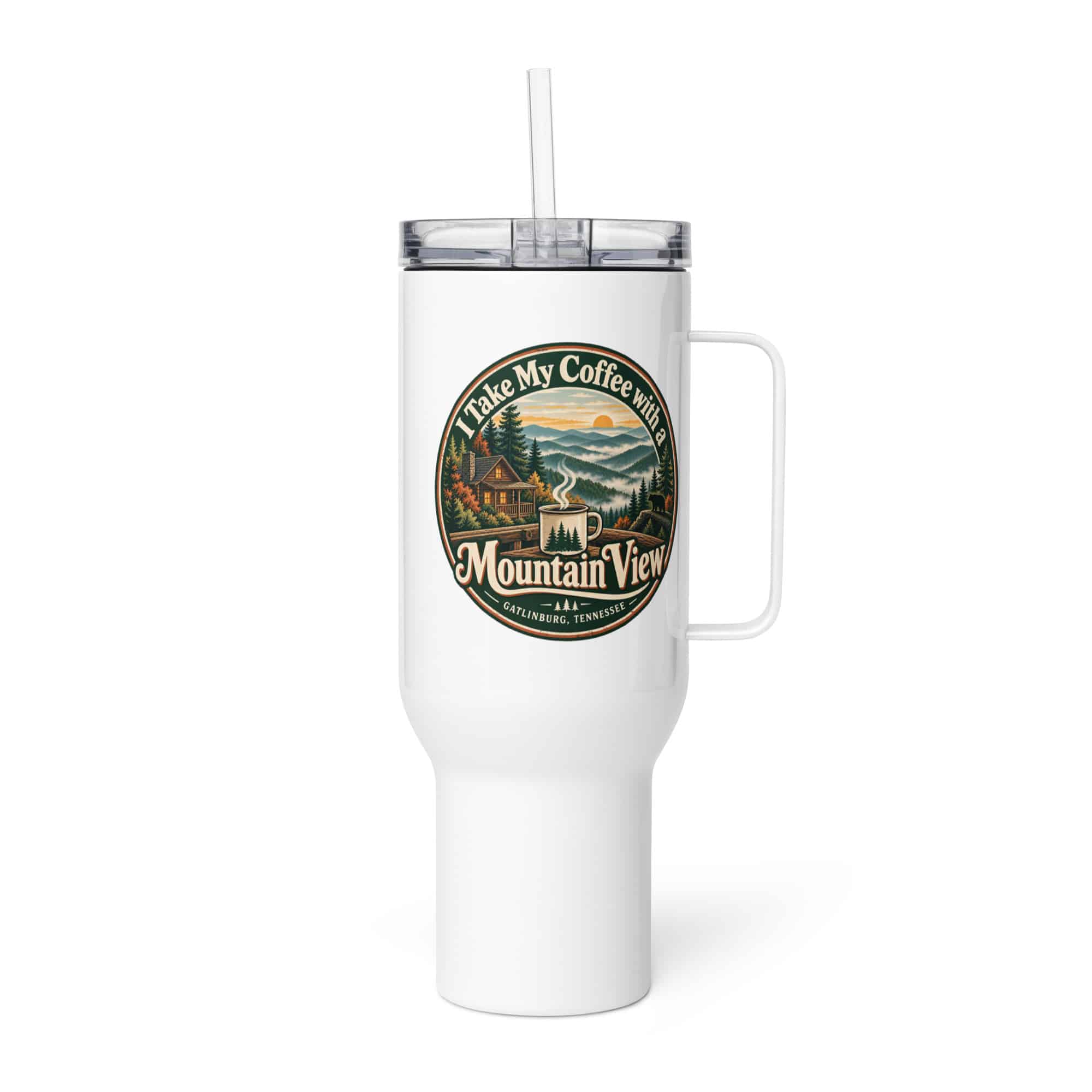 Gatlinburg and the Smokies Travel Mug: I Take My Coffee with a Mountain View, Vintage Round Badge