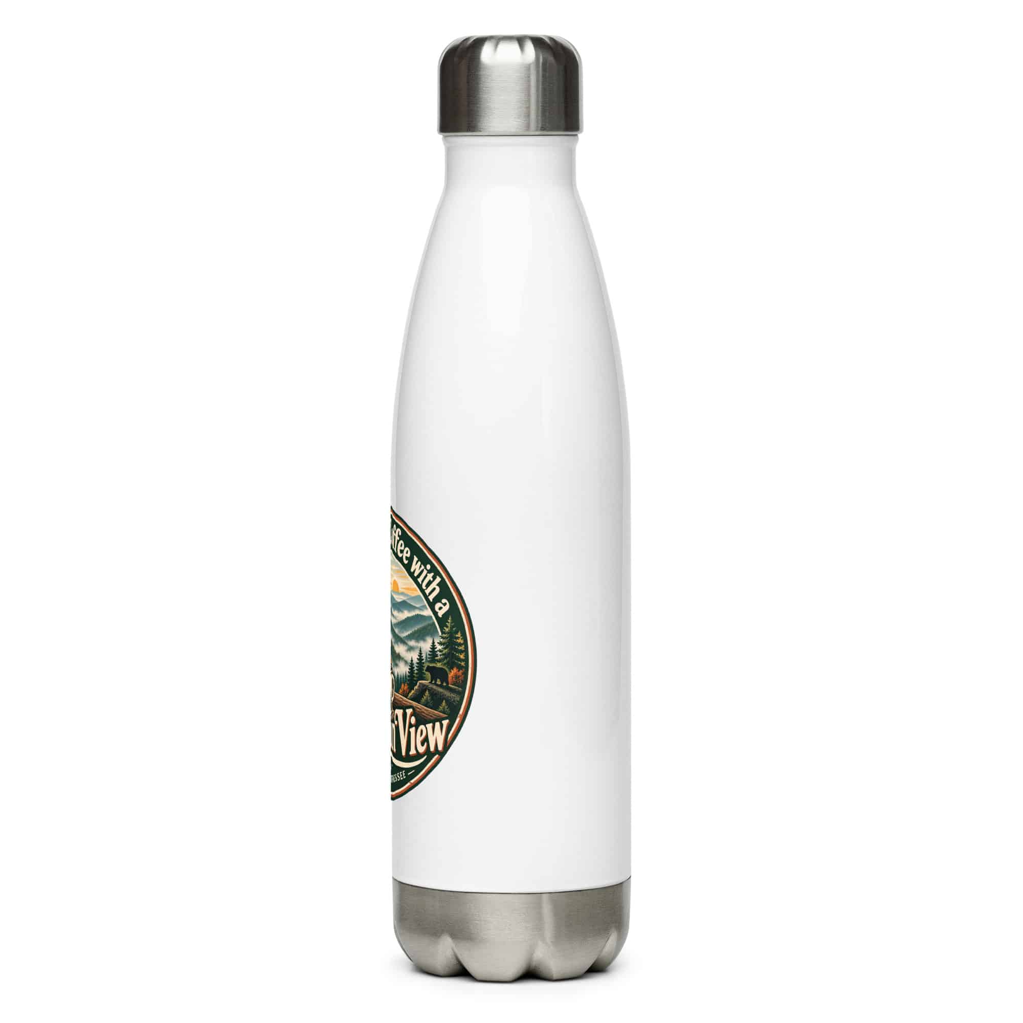 Gatlinburg and the Smokies Stainless Steel Water Bottle: I Take My Coffee with a Mountain View, Vintage Round Badge