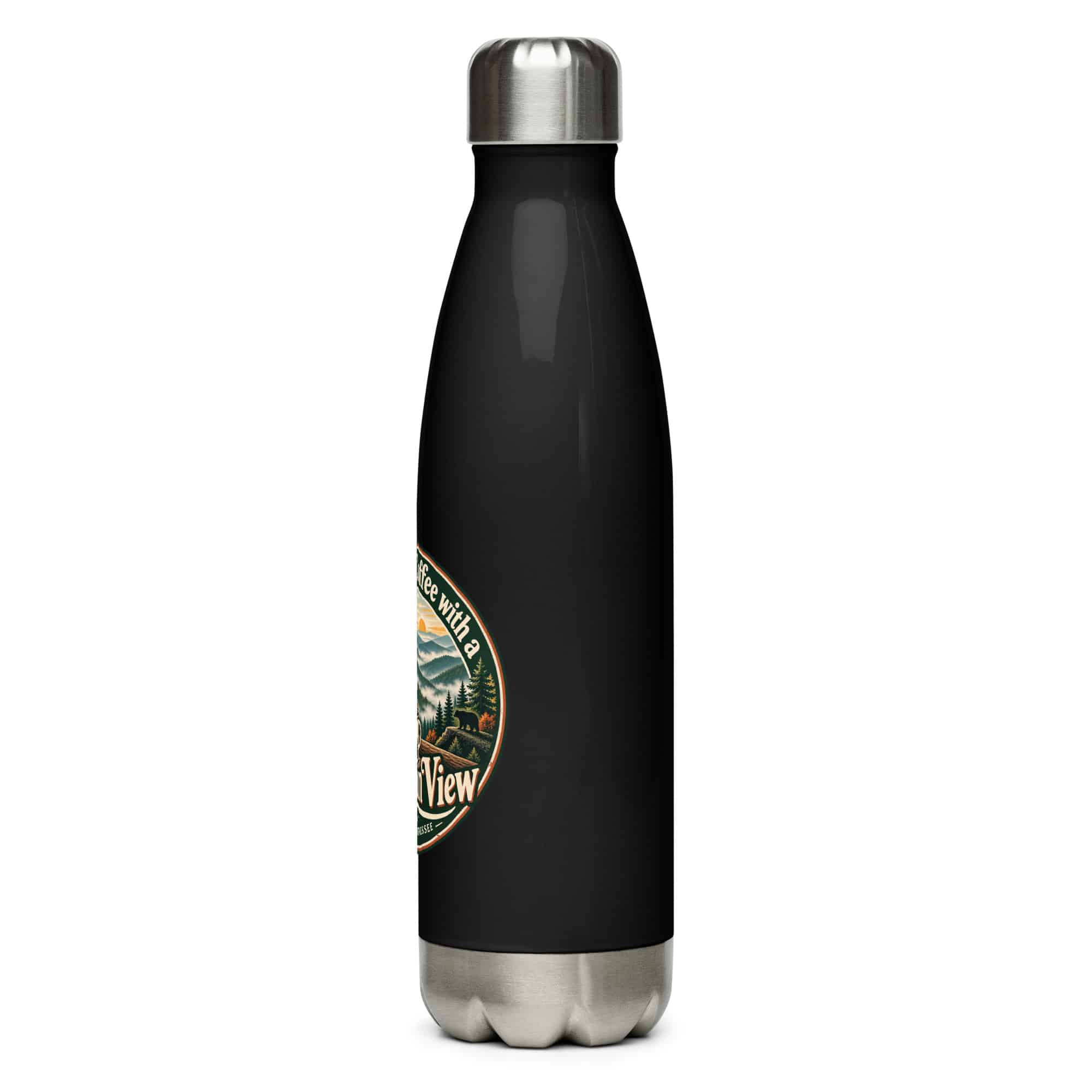 Gatlinburg and the Smokies Stainless Steel Water Bottle: I Take My Coffee with a Mountain View, Vintage Round Badge