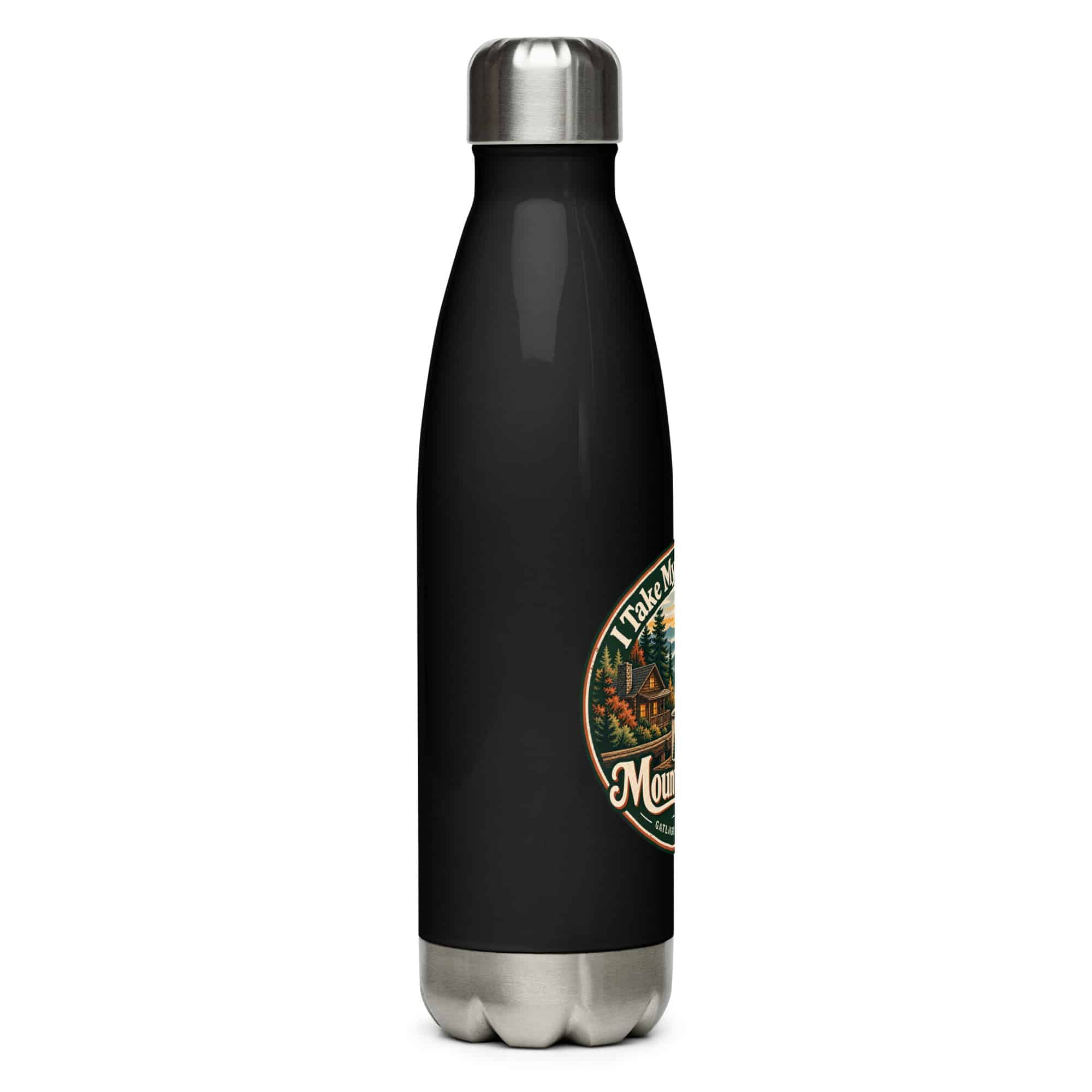 Gatlinburg and the Smokies Stainless Steel Water Bottle: I Take My Coffee with a Mountain View, Vintage Round Badge