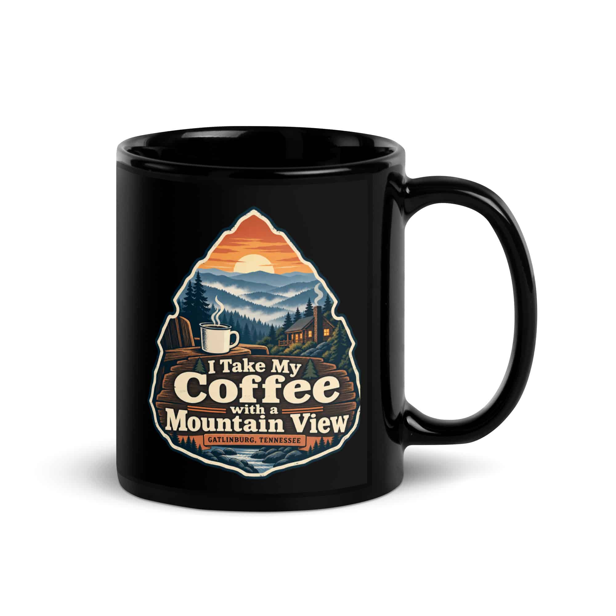 Gatlinburg and the Smokies Black Coffee Mug: I Take My Coffee with a Mountain View, Scenic Shield Badge