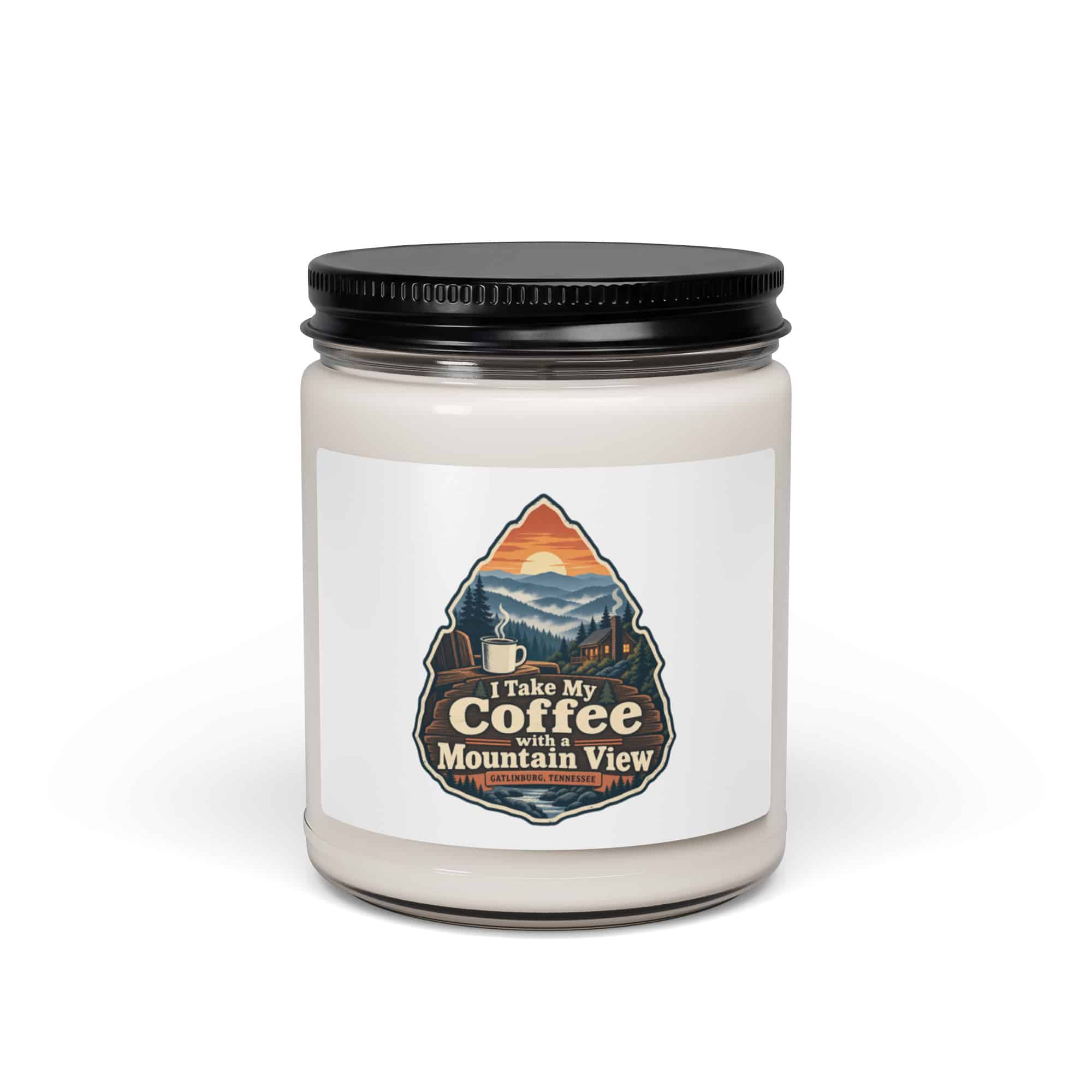 Gatlinburg and the Smokies Soy Wax Candle: I Take My Coffee with a Mountain View, Scenic Shield Badge
