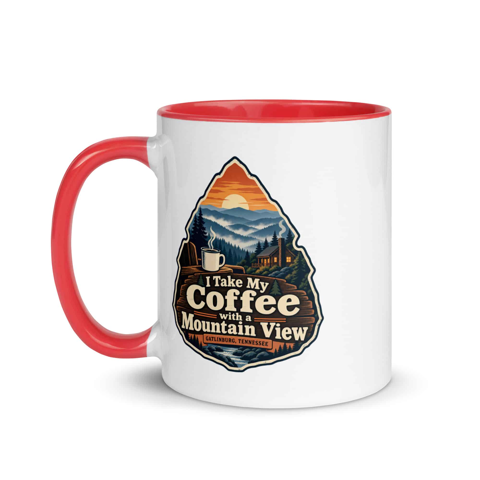Gatlinburg and the Smokies Color Inside Coffee Mug: I Take My Coffee with a Mountain View, Scenic Shield Badge