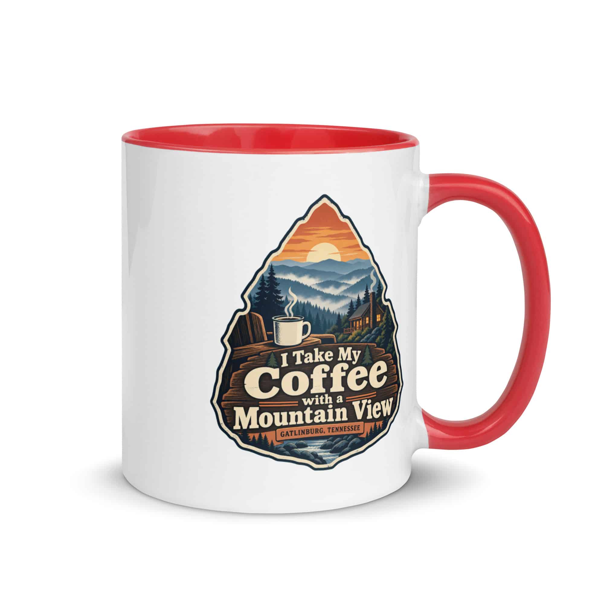 Gatlinburg and the Smokies Color Inside Coffee Mug: I Take My Coffee with a Mountain View, Scenic Shield Badge
