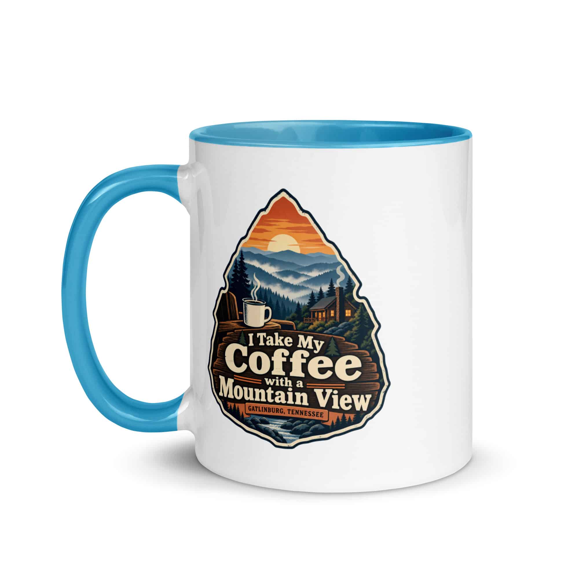 Gatlinburg and the Smokies Color Inside Coffee Mug: I Take My Coffee with a Mountain View, Scenic Shield Badge