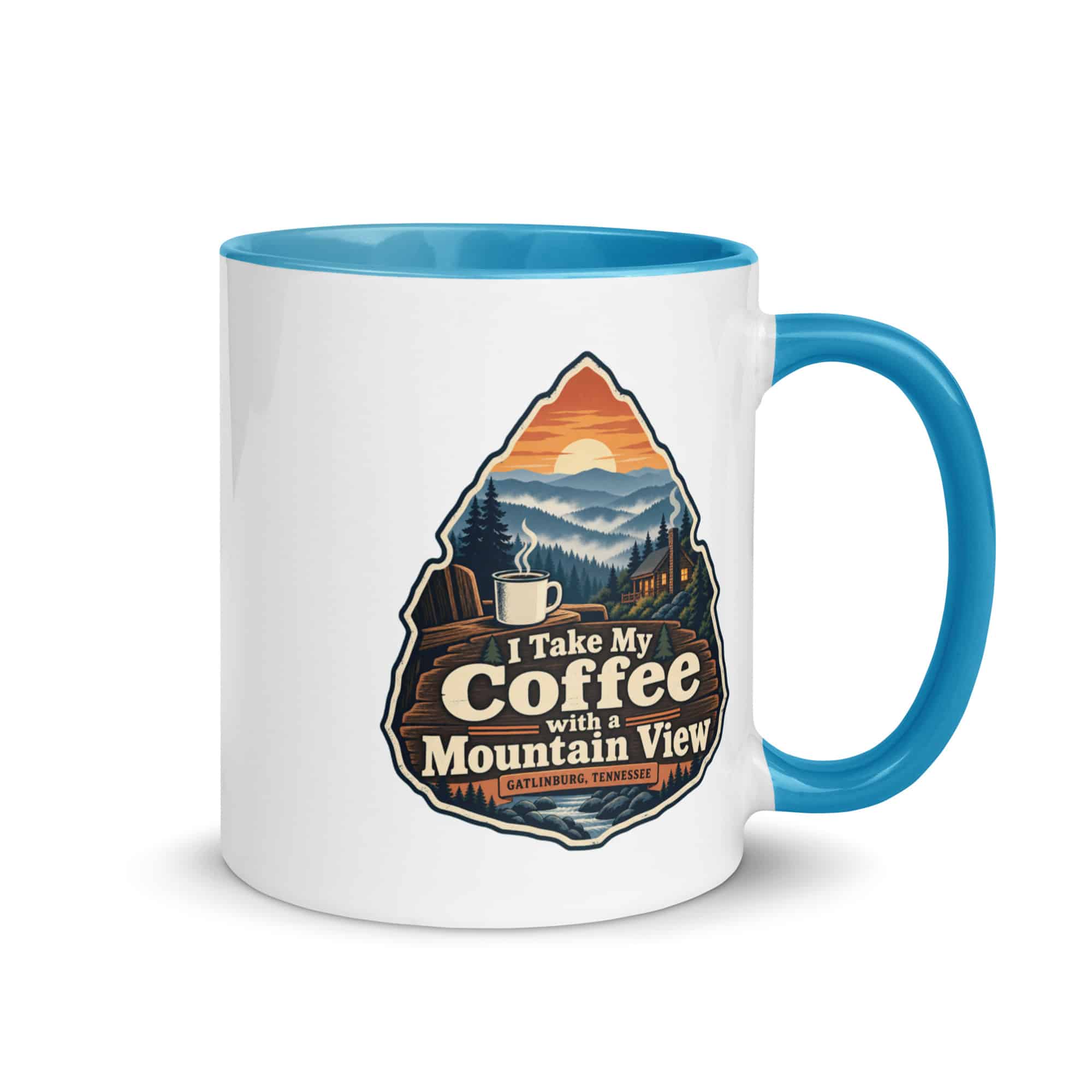 Gatlinburg and the Smokies Color Inside Coffee Mug: I Take My Coffee with a Mountain View, Scenic Shield Badge