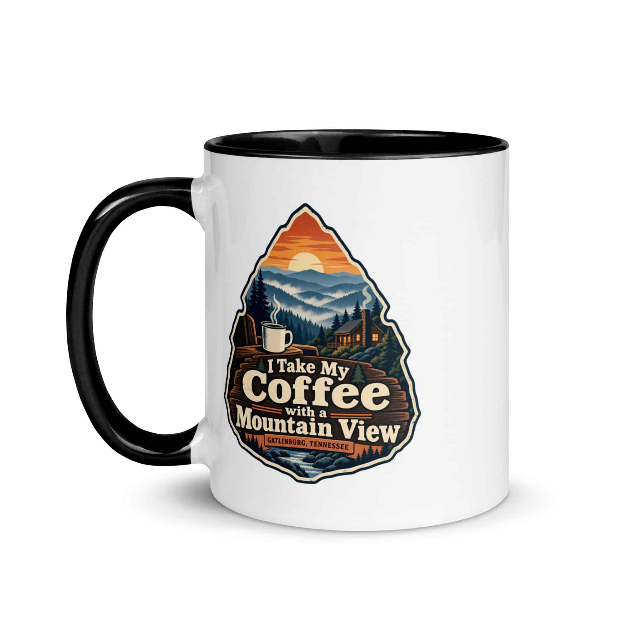 Gatlinburg and the Smokies Color Inside Coffee Mug: I Take My Coffee with a Mountain View, Scenic Shield Badge
