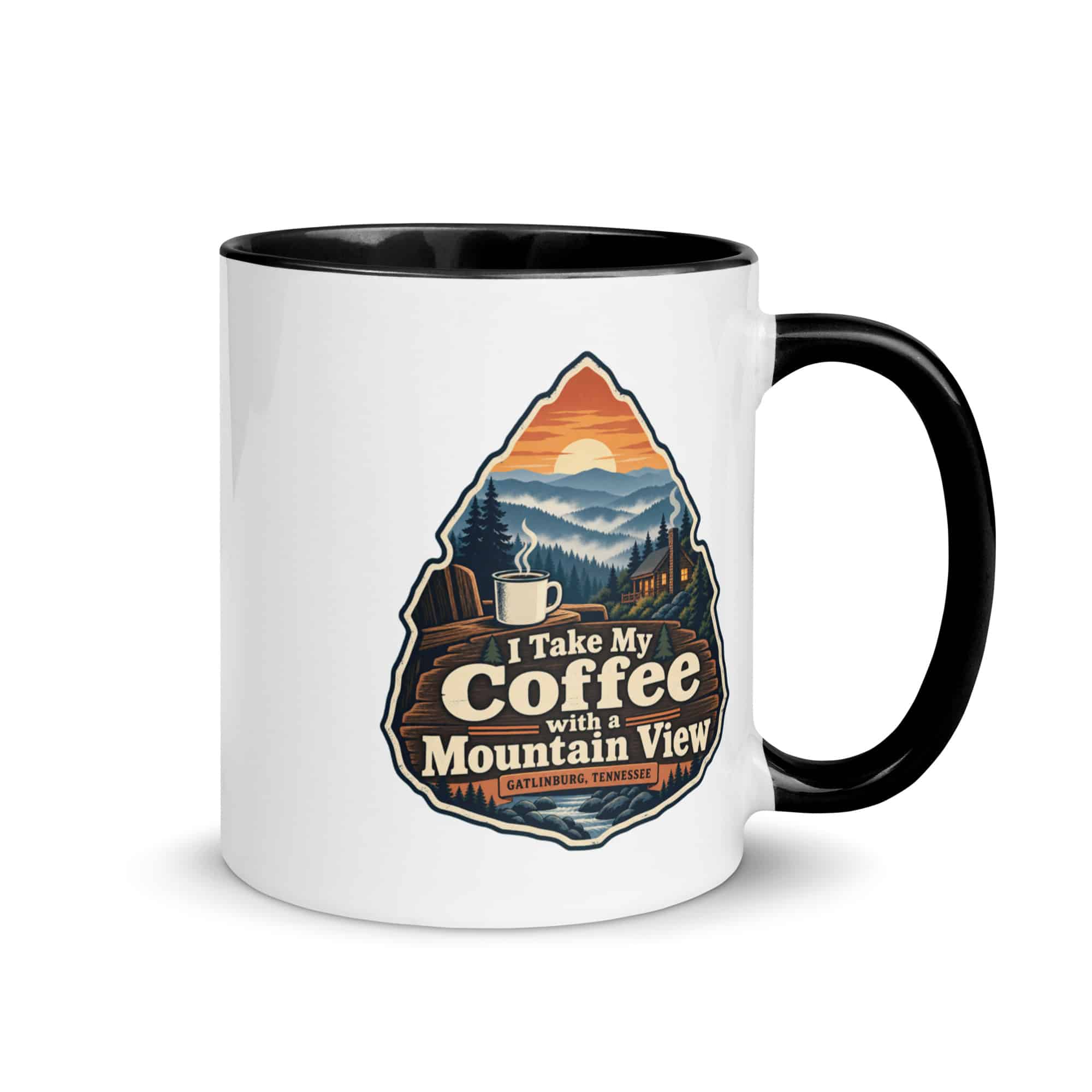 Gatlinburg and the Smokies Color Inside Coffee Mug: I Take My Coffee with a Mountain View, Scenic Shield Badge