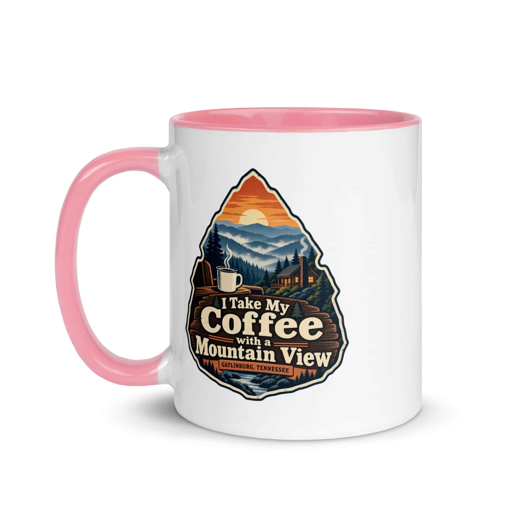 Gatlinburg and the Smokies Color Inside Coffee Mug: I Take My Coffee with a Mountain View, Scenic Shield Badge