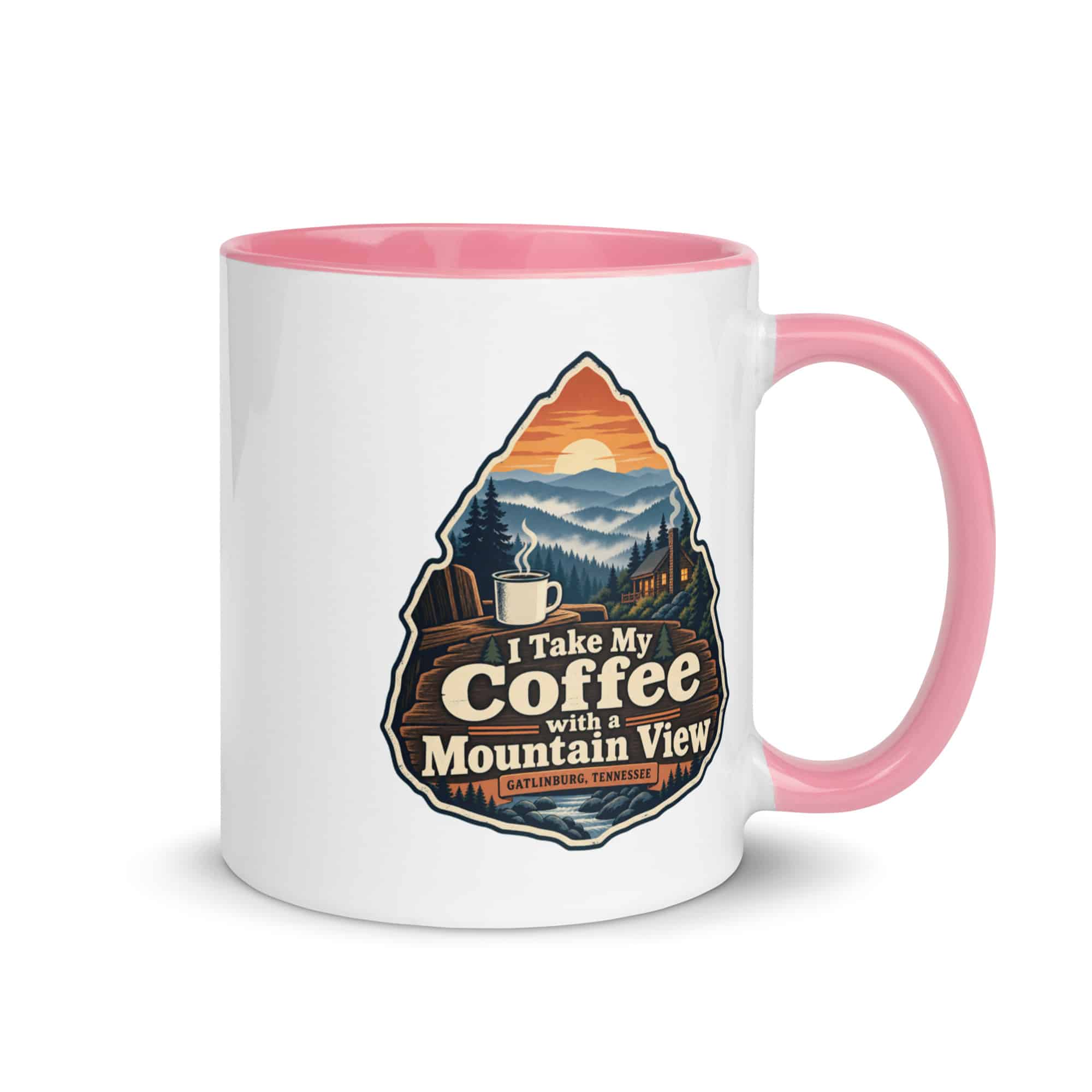 Gatlinburg and the Smokies Color Inside Coffee Mug: I Take My Coffee with a Mountain View, Scenic Shield Badge