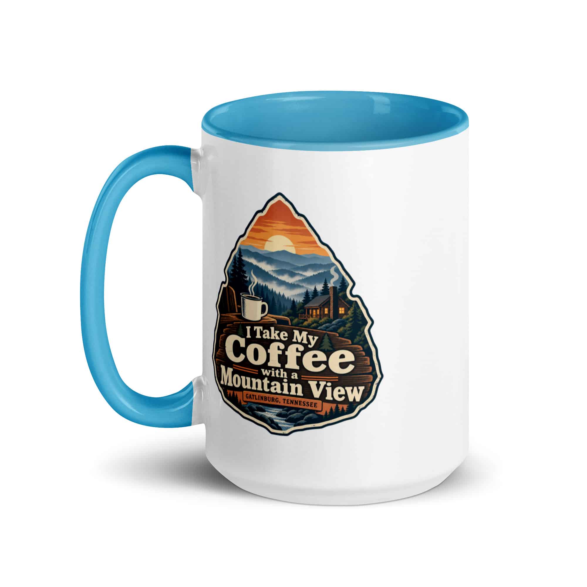Gatlinburg and the Smokies Color Inside Coffee Mug: I Take My Coffee with a Mountain View, Scenic Shield Badge