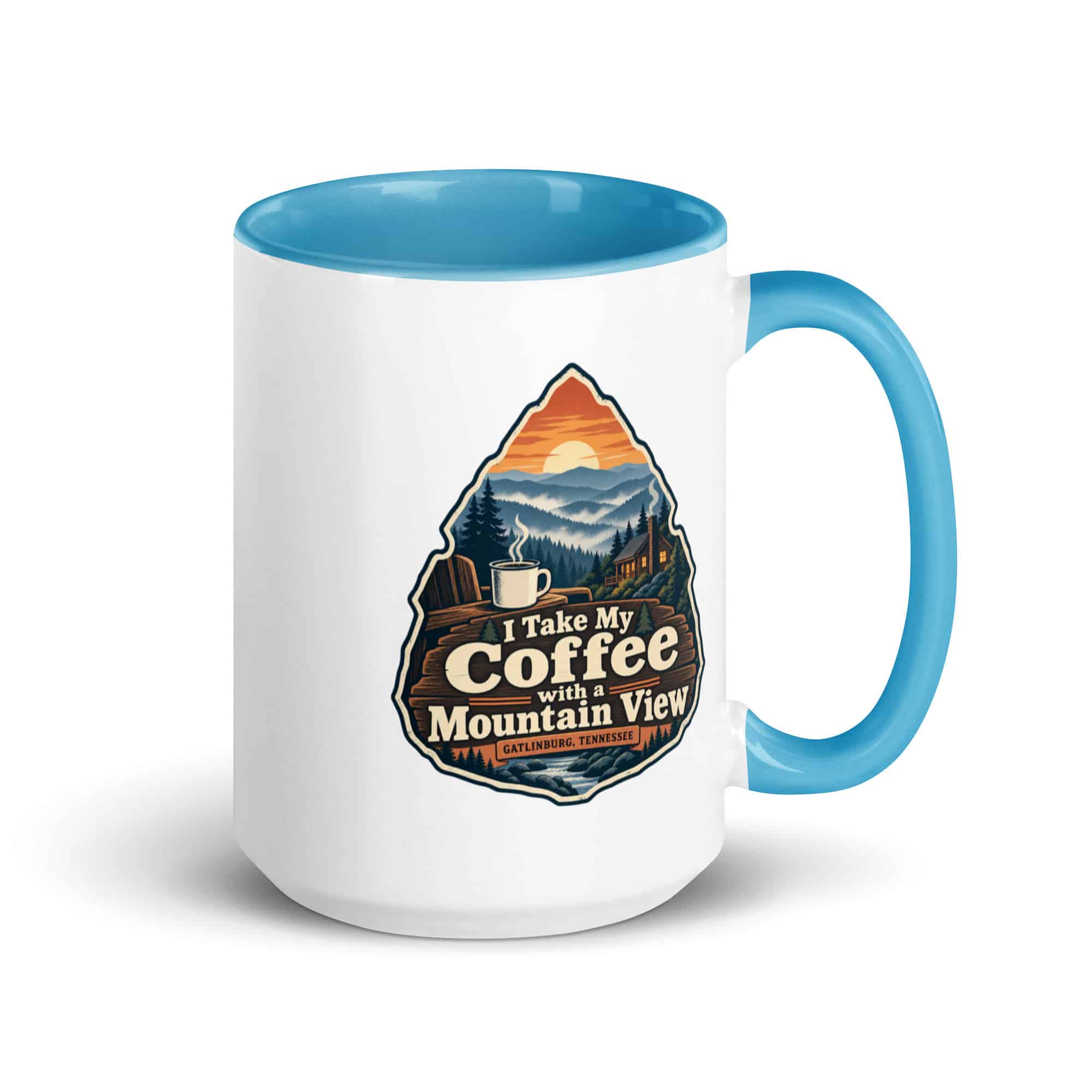 Gatlinburg and the Smokies Color Inside Coffee Mug: I Take My Coffee with a Mountain View, Scenic Shield Badge