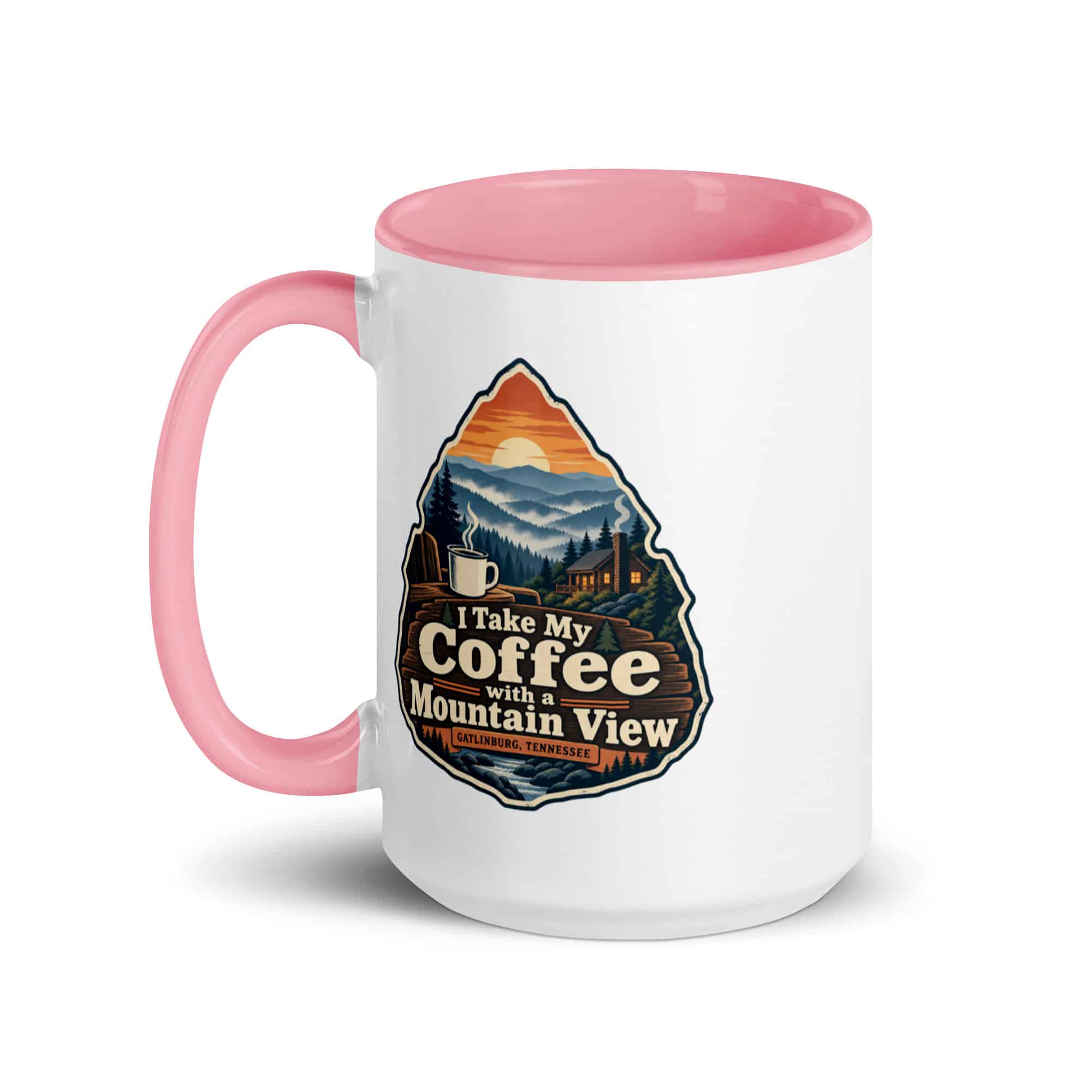 Gatlinburg and the Smokies Color Inside Coffee Mug: I Take My Coffee with a Mountain View, Scenic Shield Badge
