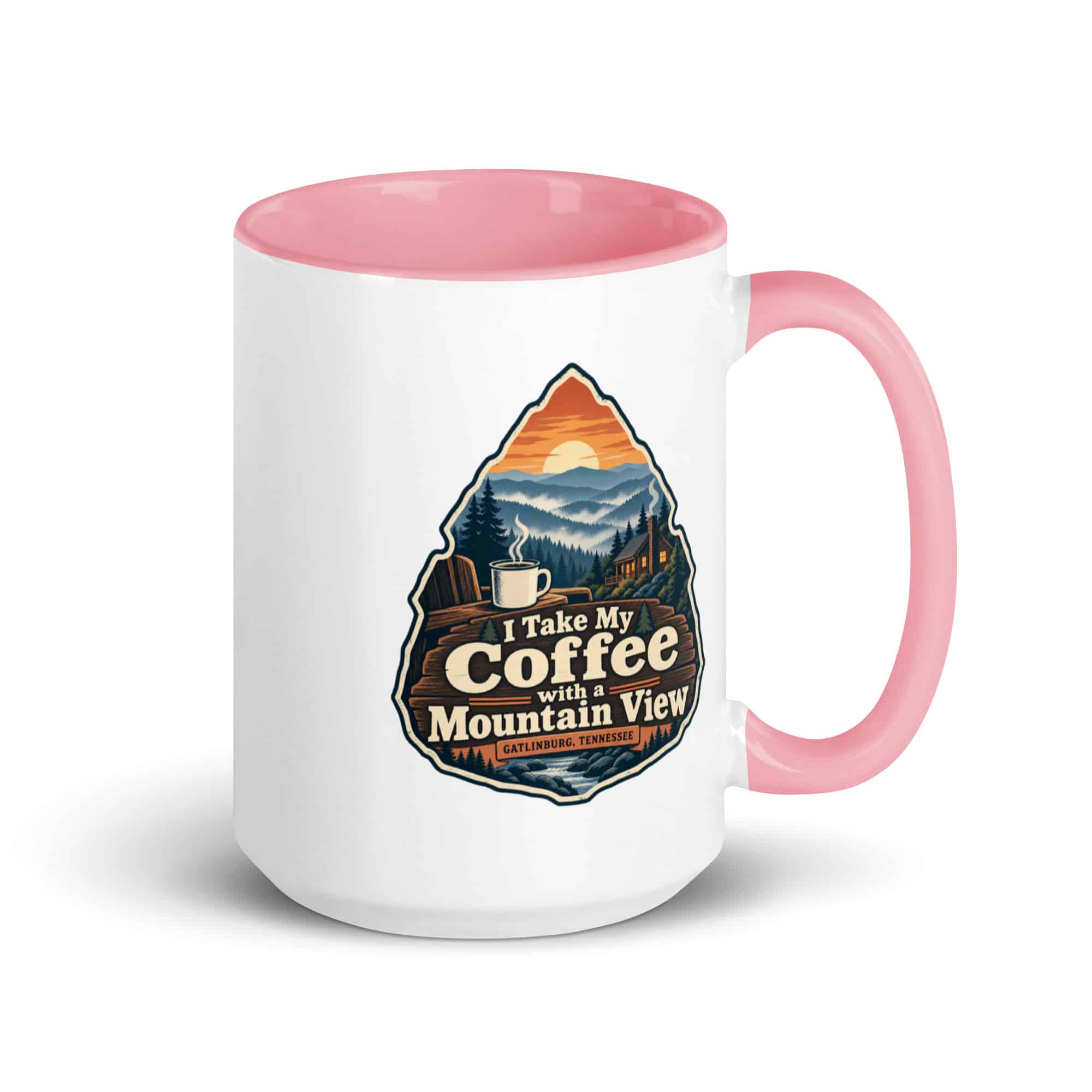 Gatlinburg and the Smokies Color Inside Coffee Mug: I Take My Coffee with a Mountain View, Scenic Shield Badge