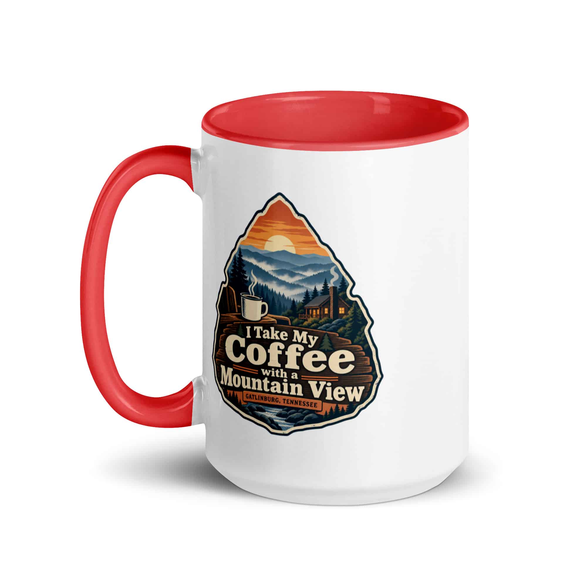 Gatlinburg and the Smokies Color Inside Coffee Mug: I Take My Coffee with a Mountain View, Scenic Shield Badge