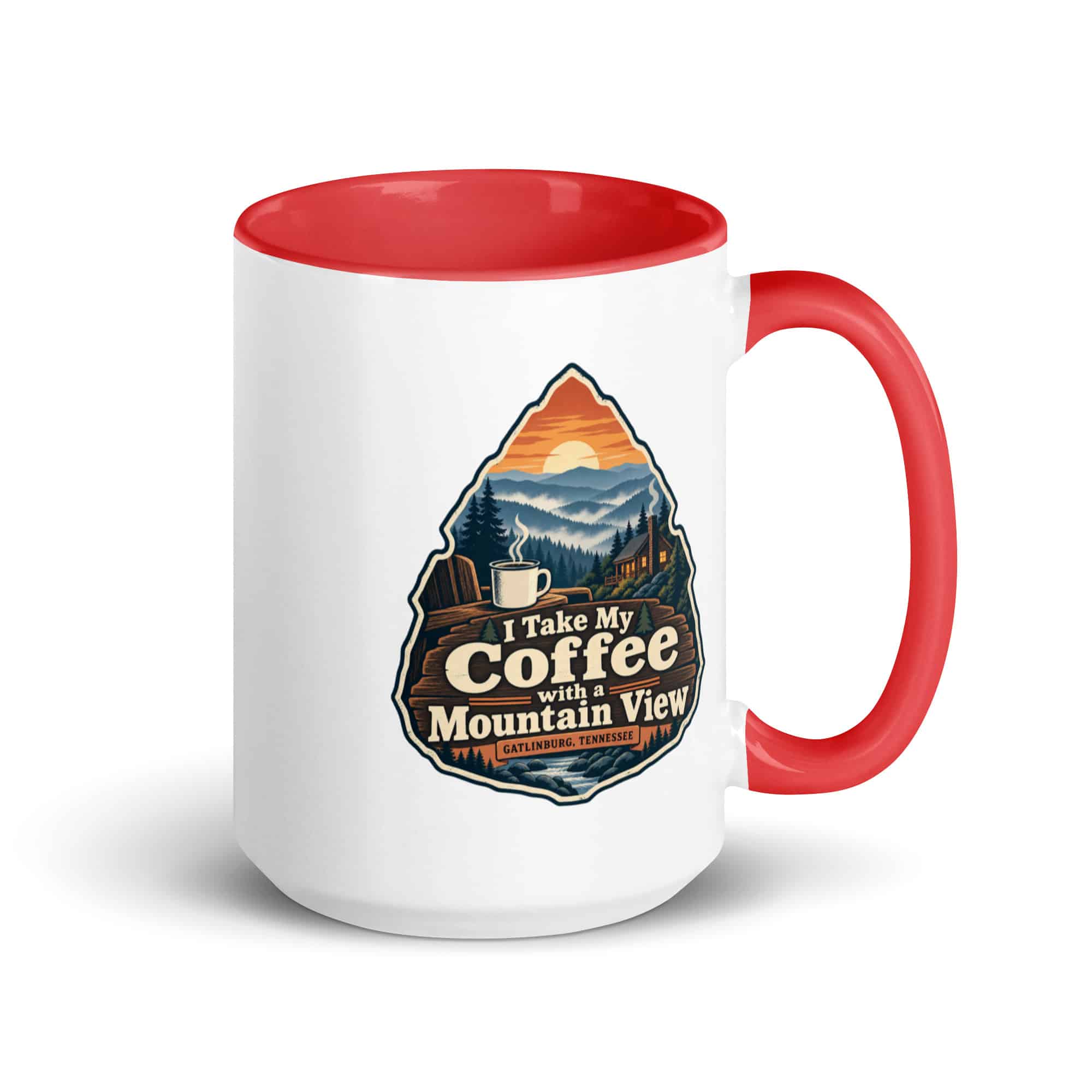 Gatlinburg and the Smokies Color Inside Coffee Mug: I Take My Coffee with a Mountain View, Scenic Shield Badge