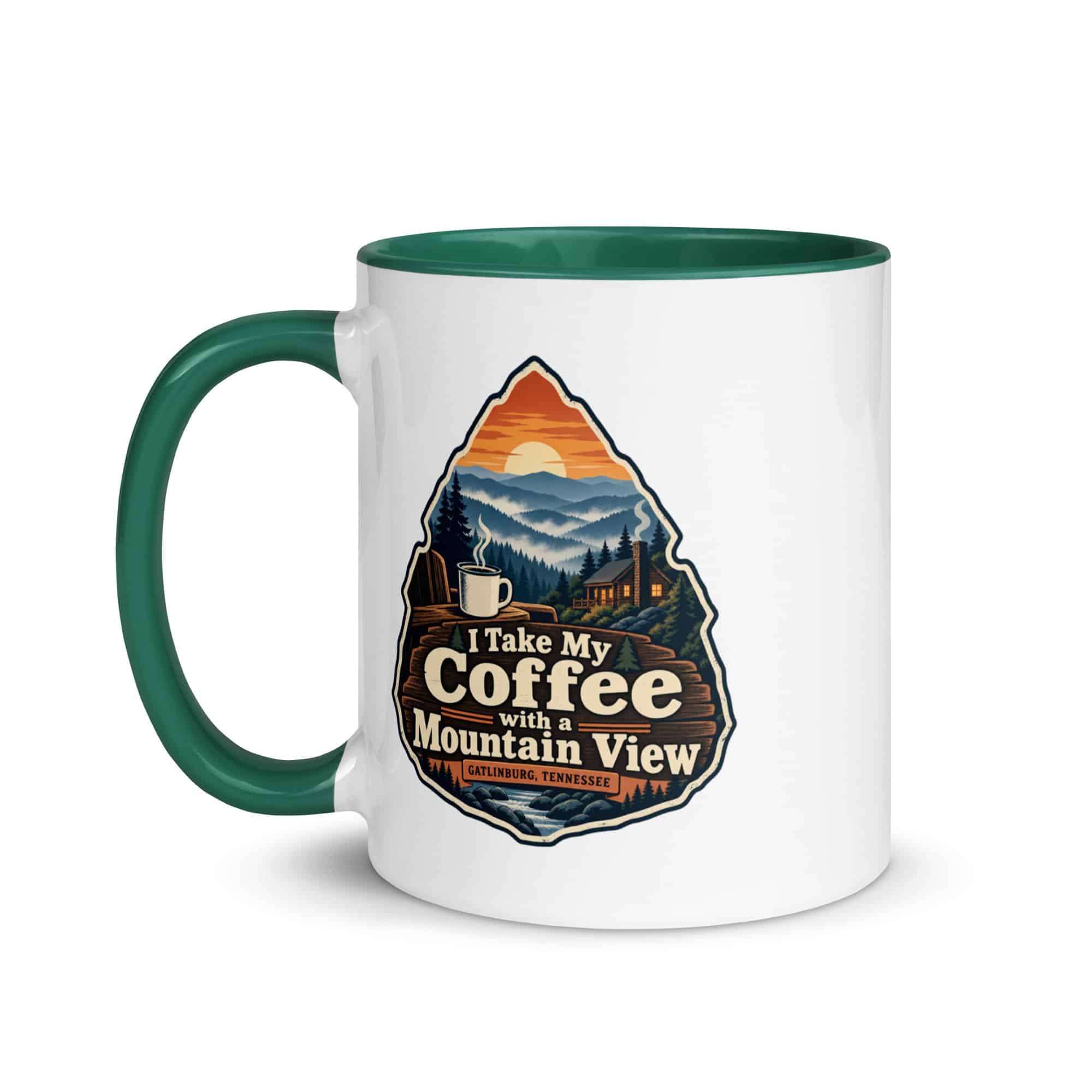 Gatlinburg and the Smokies Color Inside Coffee Mug: I Take My Coffee with a Mountain View, Scenic Shield Badge