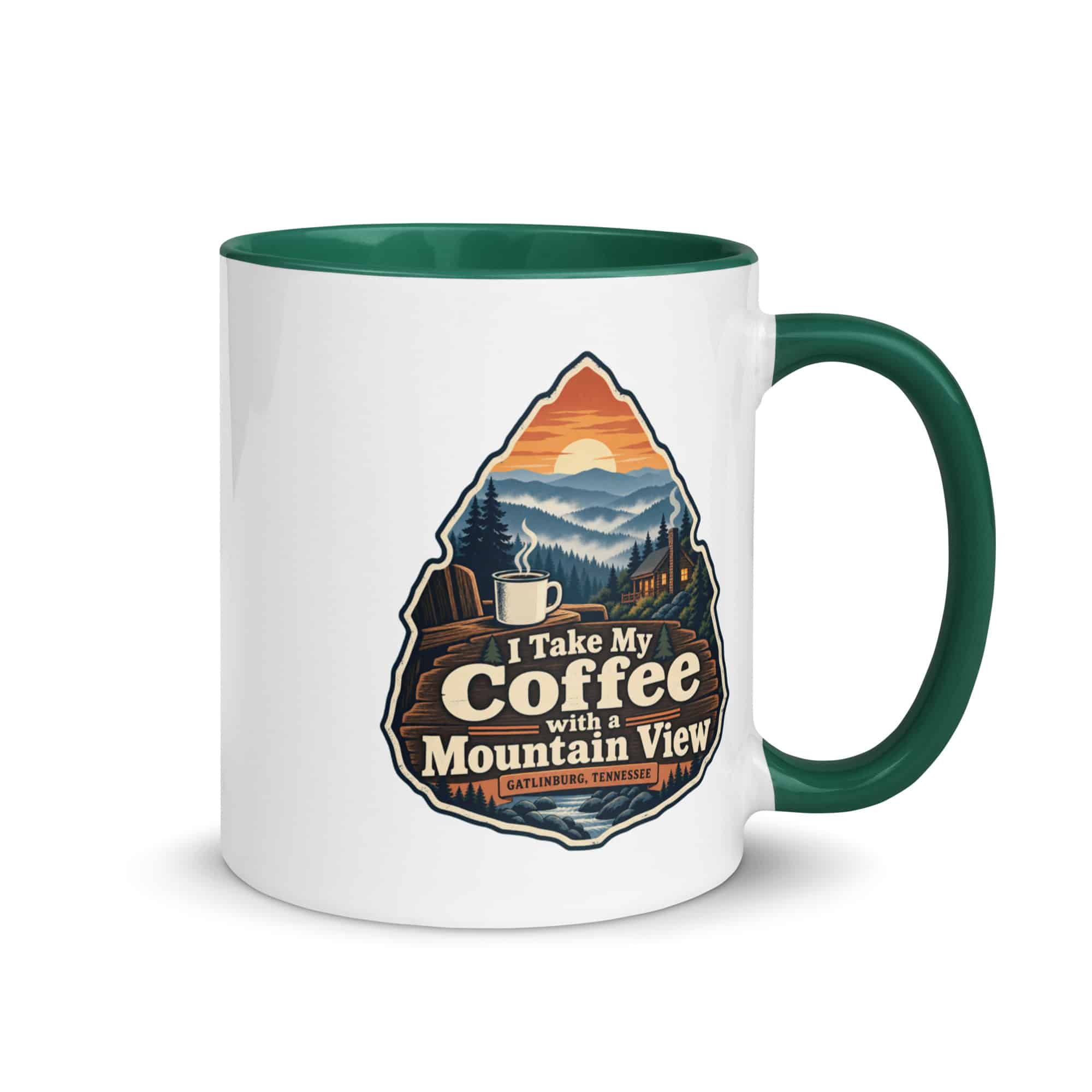 Gatlinburg and the Smokies Color Inside Coffee Mug: I Take My Coffee with a Mountain View, Scenic Shield Badge