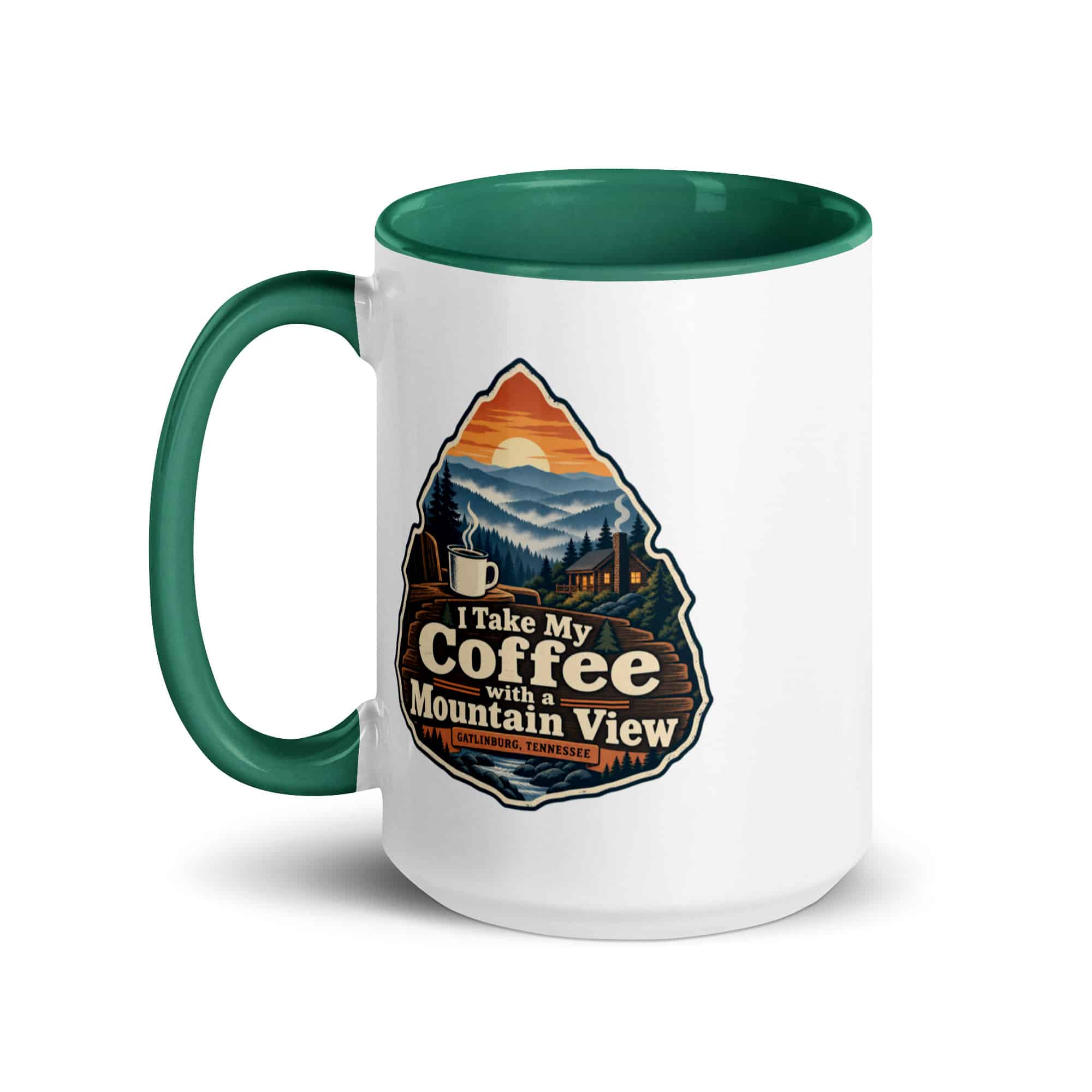 Gatlinburg and the Smokies Color Inside Coffee Mug: I Take My Coffee with a Mountain View, Scenic Shield Badge