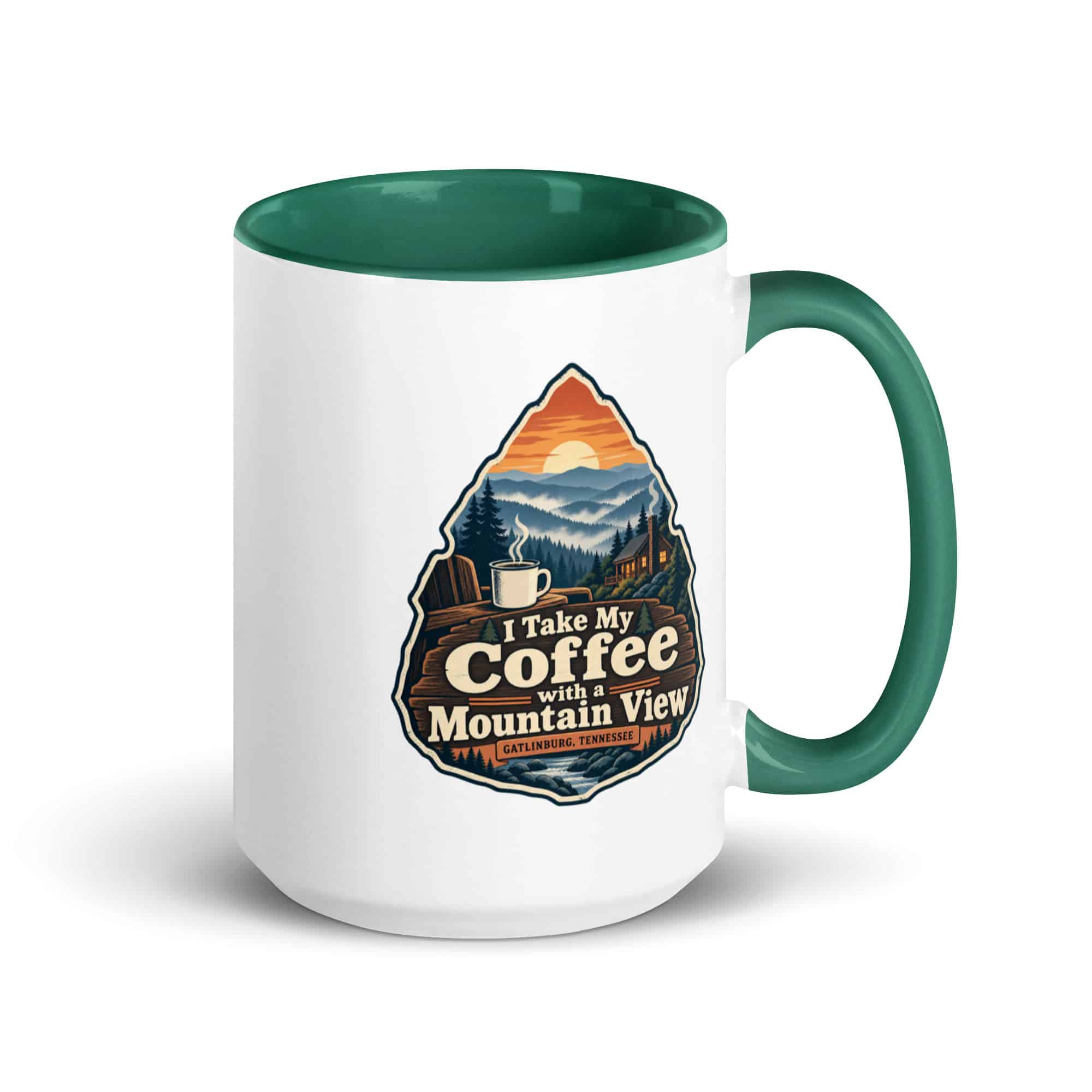 Gatlinburg and the Smokies Color Inside Coffee Mug: I Take My Coffee with a Mountain View, Scenic Shield Badge