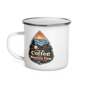 Gatlinburg and the Smokies Enamel Camp Mug: I Take My Coffee with a Mountain View, Scenic Shield Badge - 12 oz - Left