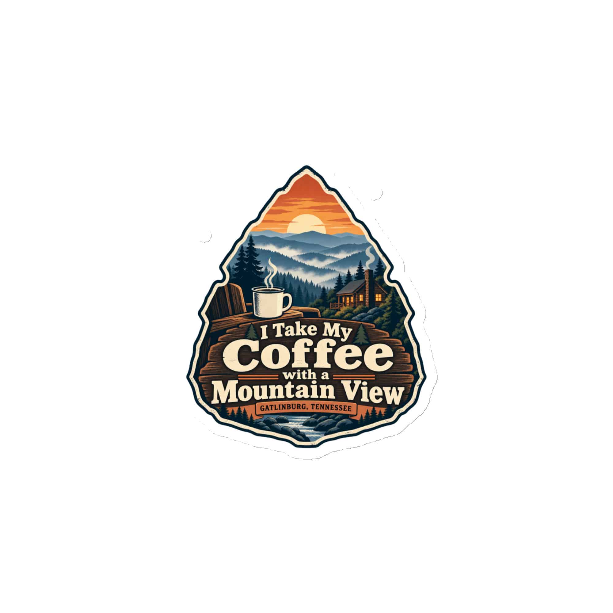 Gatlinburg and the Smokies Die-Cut Magnet: I Take My Coffee with a Mountain View, Scenic Shield Badge