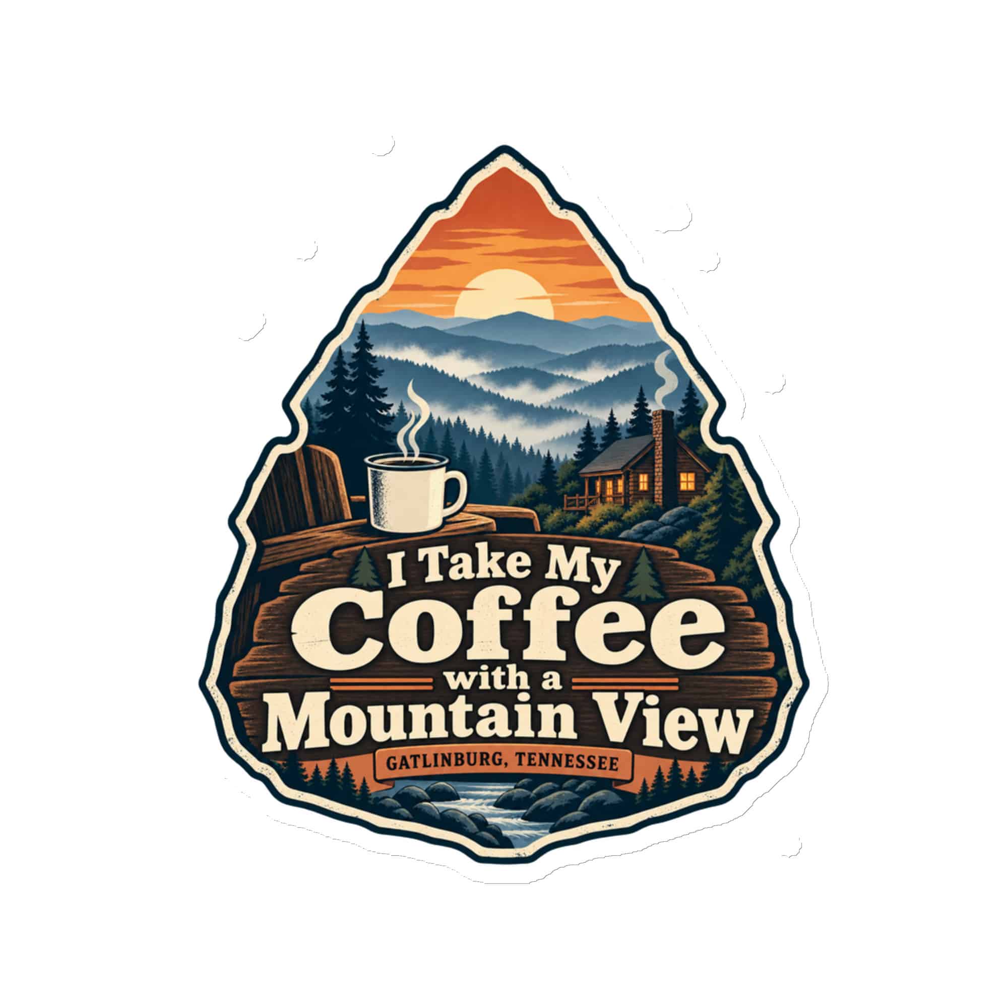 Gatlinburg and the Smokies Die-Cut Magnet: I Take My Coffee with a Mountain View, Scenic Shield Badge