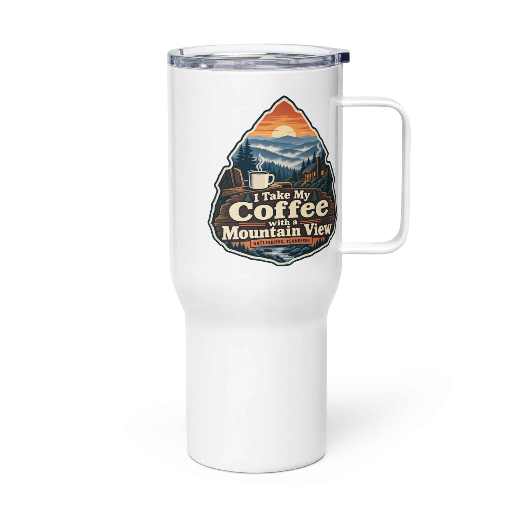 Gatlinburg and the Smokies Travel Mug: I Take My Coffee with a Mountain View, Scenic Shield Badge
