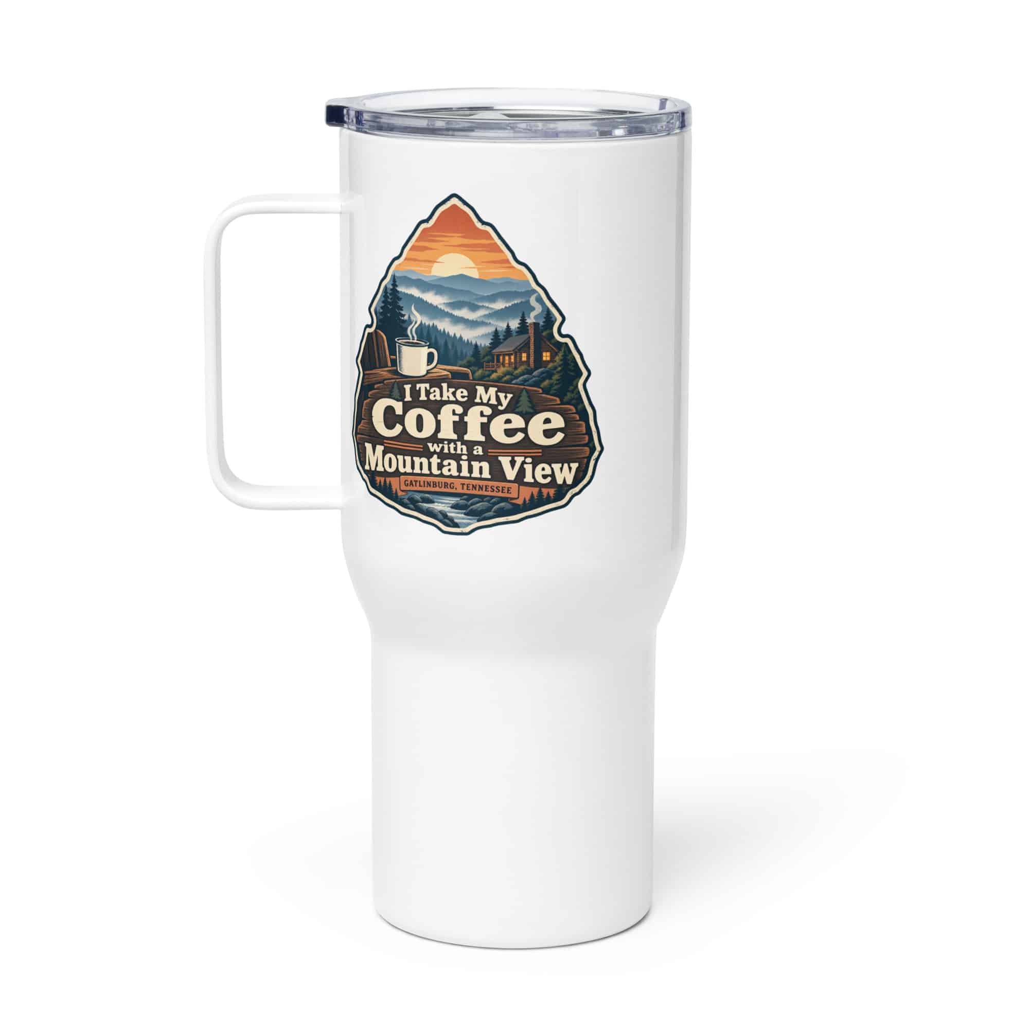 Gatlinburg and the Smokies Travel Mug: I Take My Coffee with a Mountain View, Scenic Shield Badge