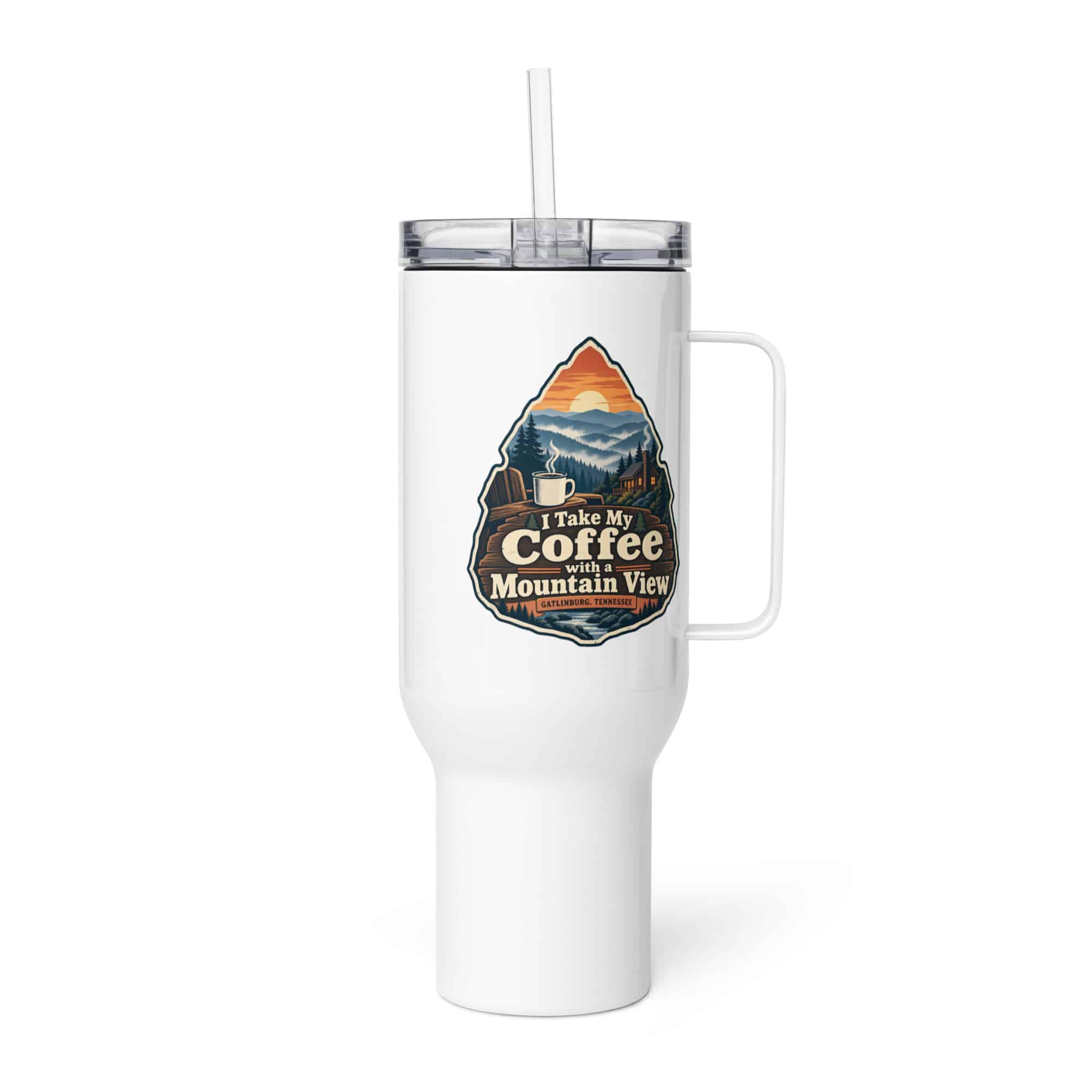 Gatlinburg and the Smokies Travel Mug: I Take My Coffee with a Mountain View, Scenic Shield Badge