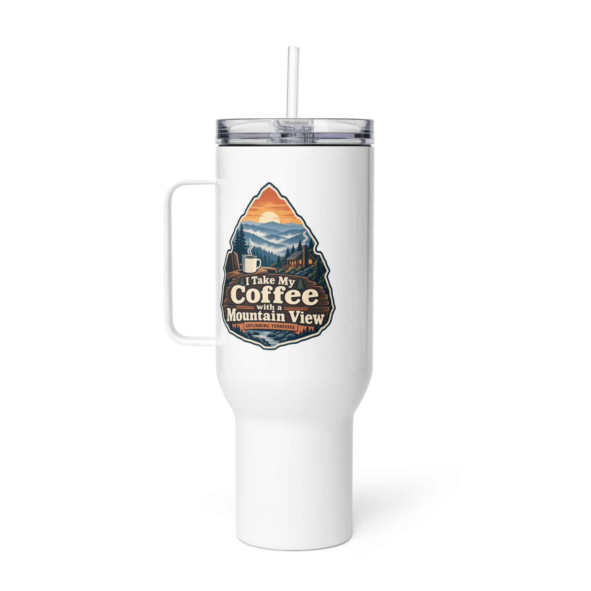 Gatlinburg and the Smokies Travel Mug: I Take My Coffee with a Mountain View, Scenic Shield Badge