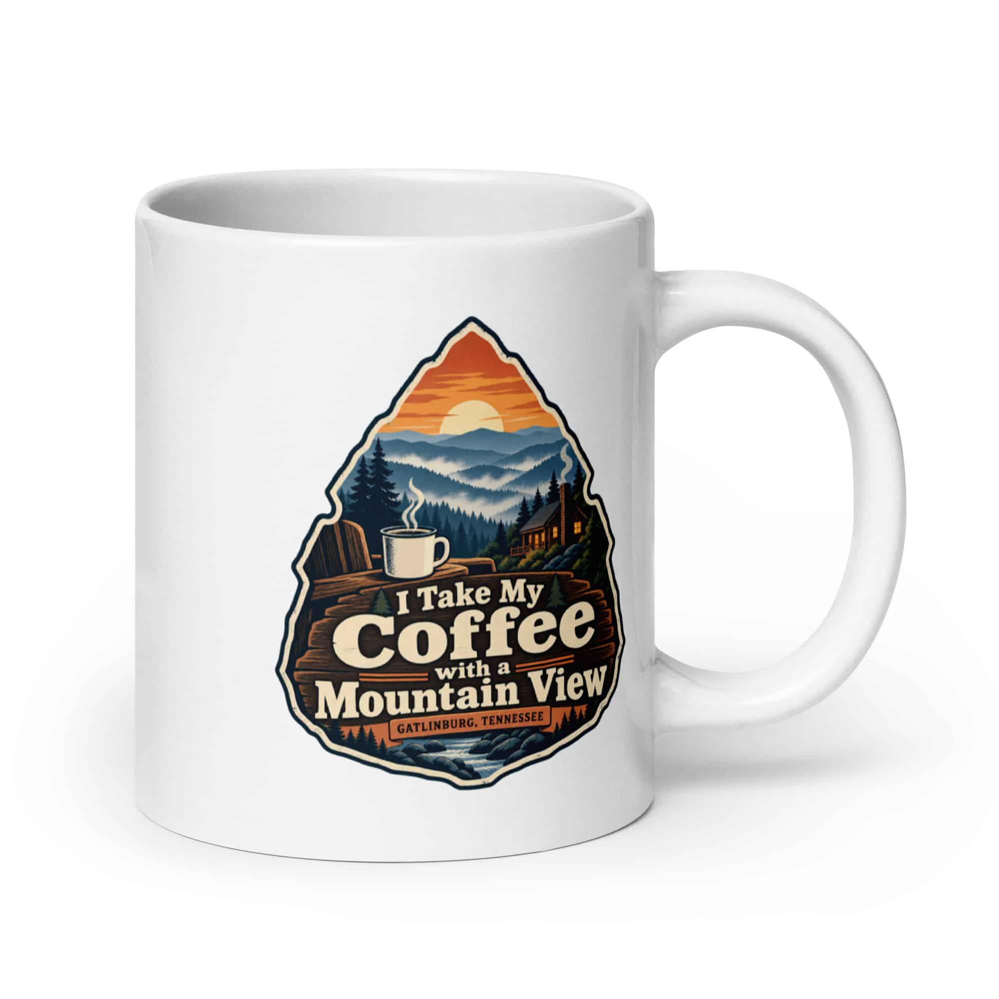 Gatlinburg and the Smokies White Ceramic Coffee Mug: I Take My Coffee with a Mountain View, Scenic Shield Badge