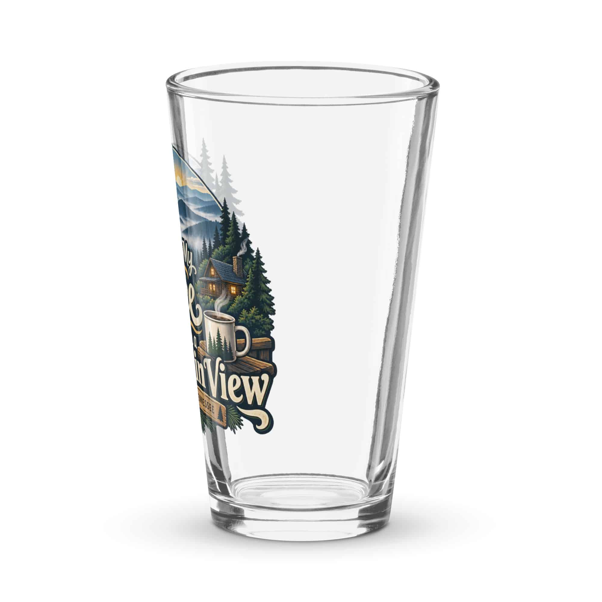 Gatlinburg and the Smokies Pint Glass: I Take My Coffee with a Mountain View, Woodland Scenic Lettering