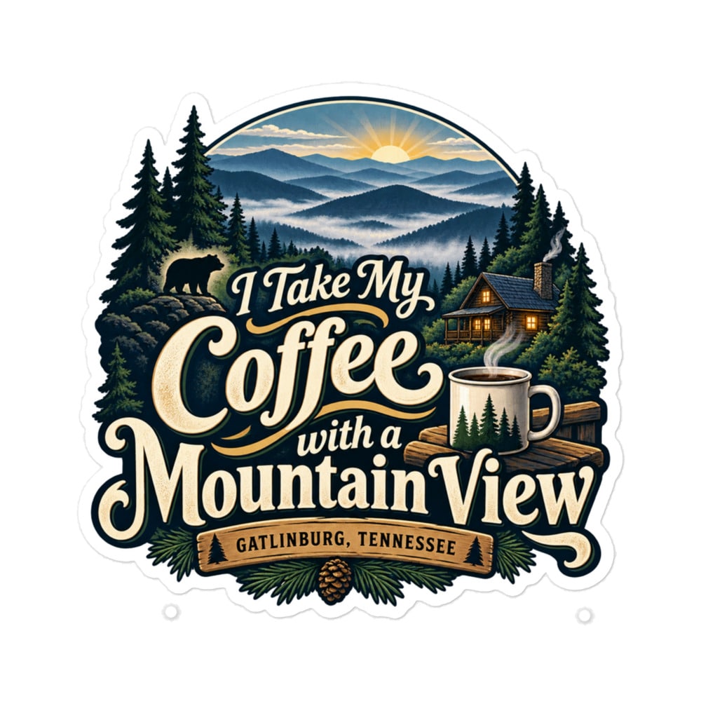 Gatlinburg and the Smokies Vinyl Sticker: I Take My Coffee with a Mountain View, Woodland Scenic Lettering